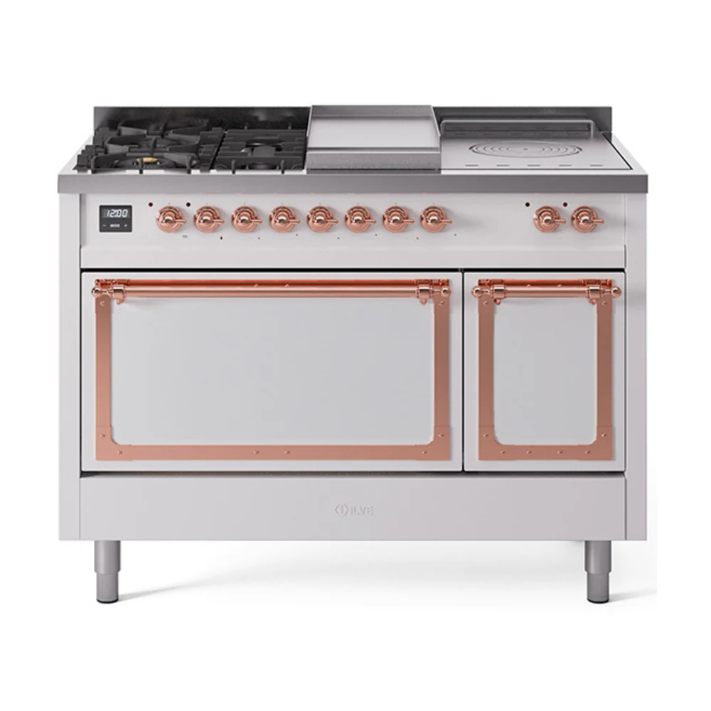 ILVE 48-Inch Nostalgie II Noblesse Dual Fuel Range with 5 Sealed Burners, Griddle, French Top and Solid Door Oven in White with Copper Trim (UN48FSQNMPWHP)