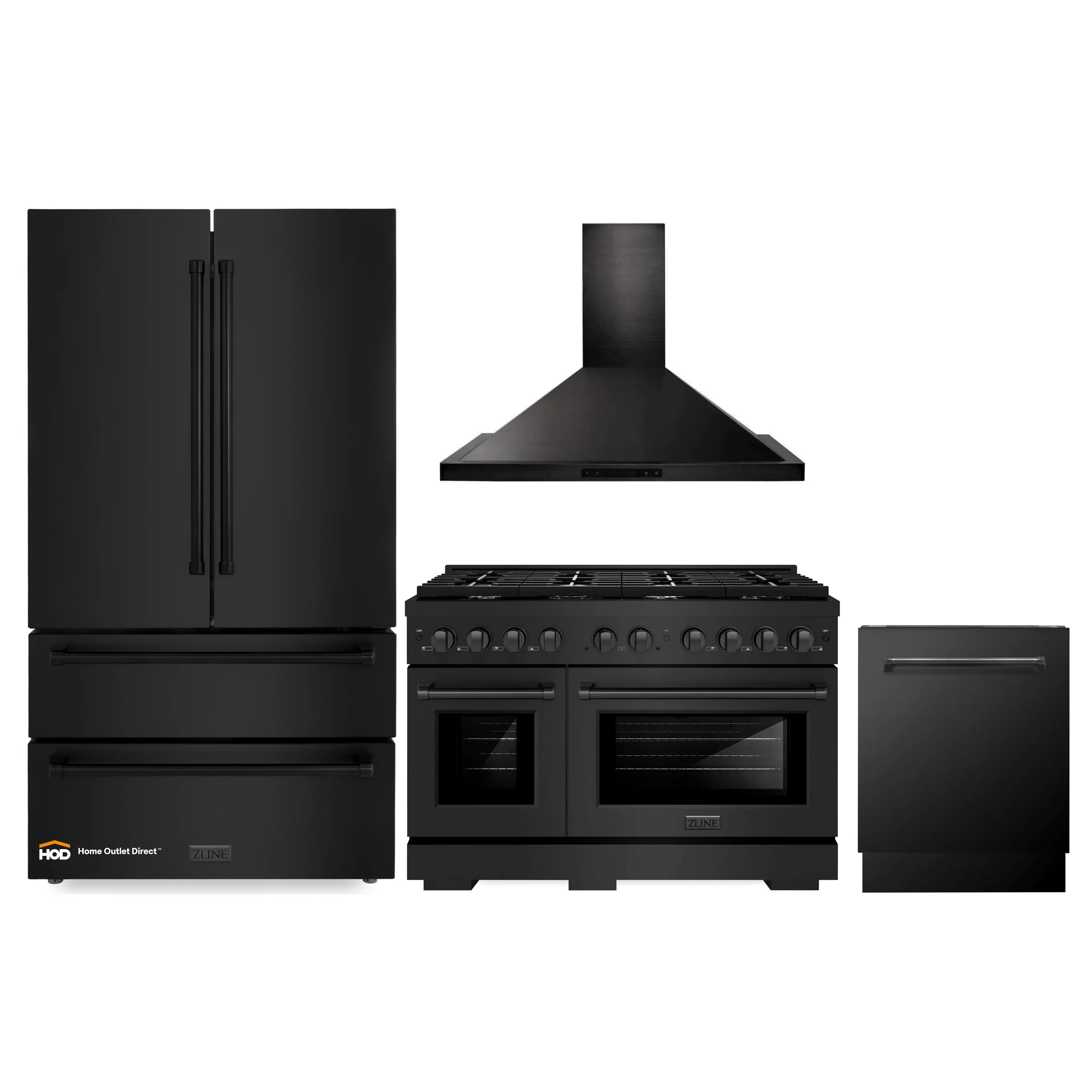 ZLINE 4-Piece Appliance Package - 48-Inch Gas Range, Refrigerator, Convertible Wall Mount Hood, and 3-Rack Dishwasher in Black Stainless Steel (4KPR-SGRBRH48-DWV)