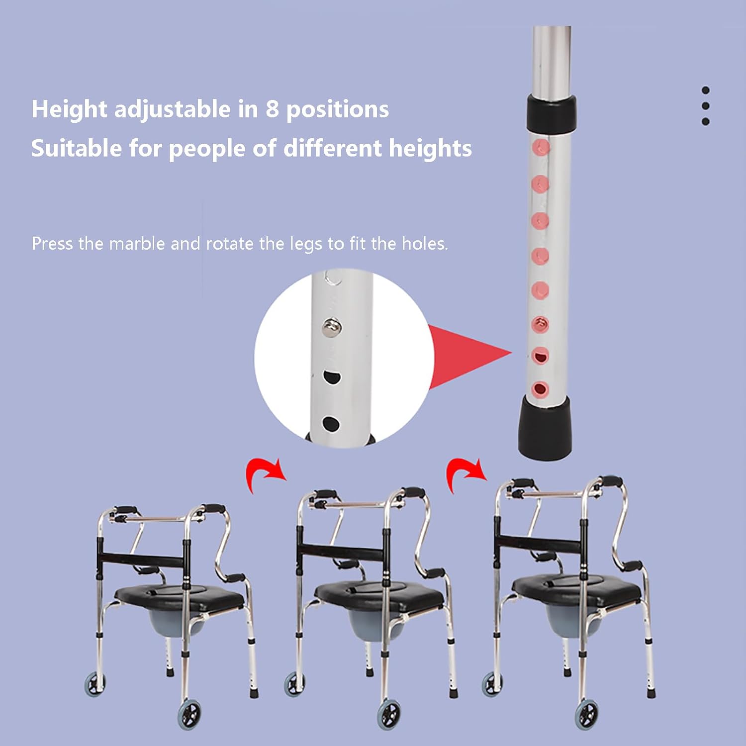 HAILM Aluminum Walking Frame for Elderly with Commode, Rollators Lightweight Folding Walker with Arm Support, 8 Adjustable Height 74-92cm, 2 Wheels in Front