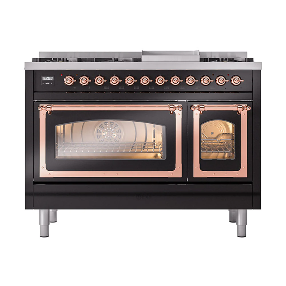 ILVE Nostalgie II Noblesse 48-Inch Dual Fuel Freestanding Range in Glossy Black with Copper Trim (UN48FNMPBKP)