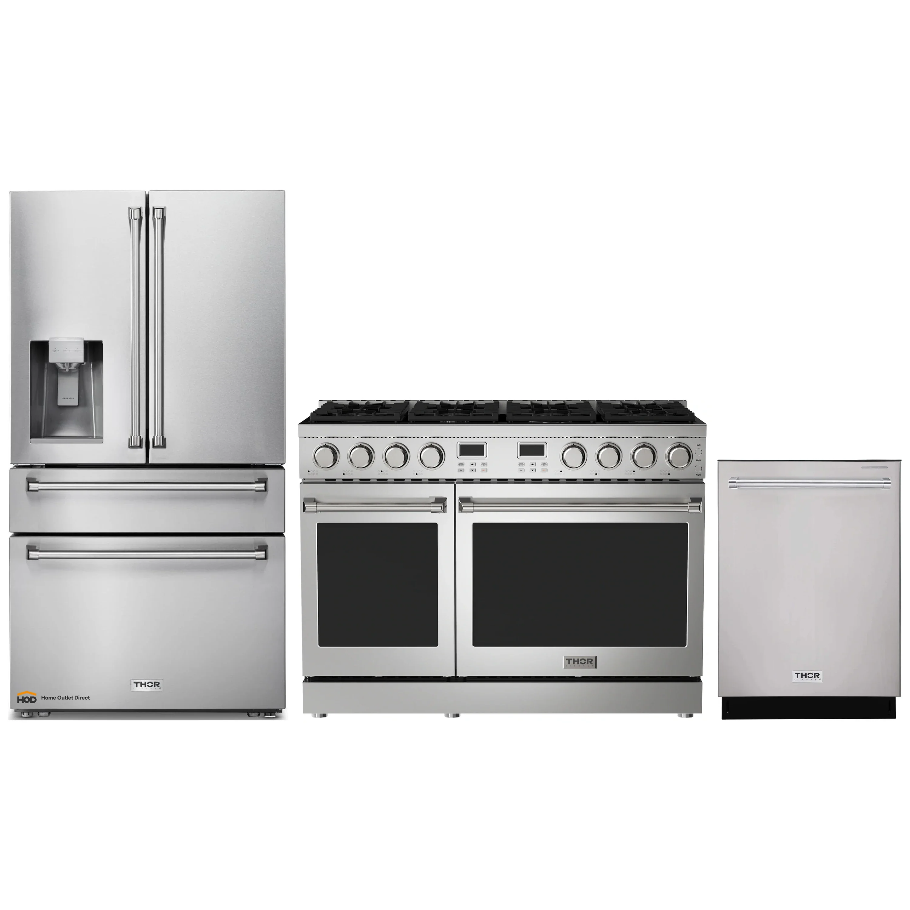 Thor Kitchen A-Series 3-Piece Appliance Package - 48-Inch Gas Range, Refrigerator with Water Dispenser, and Dishwasher in Stainless Steel