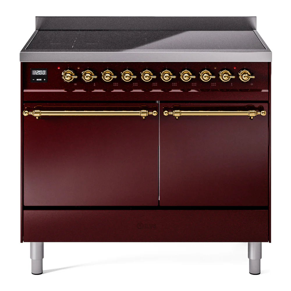 ILVE 40-Inch Nostalgie II Induction Range with Solid Door Oven in Burgundy with Brass Trim (UPDI406QNMPBUG)