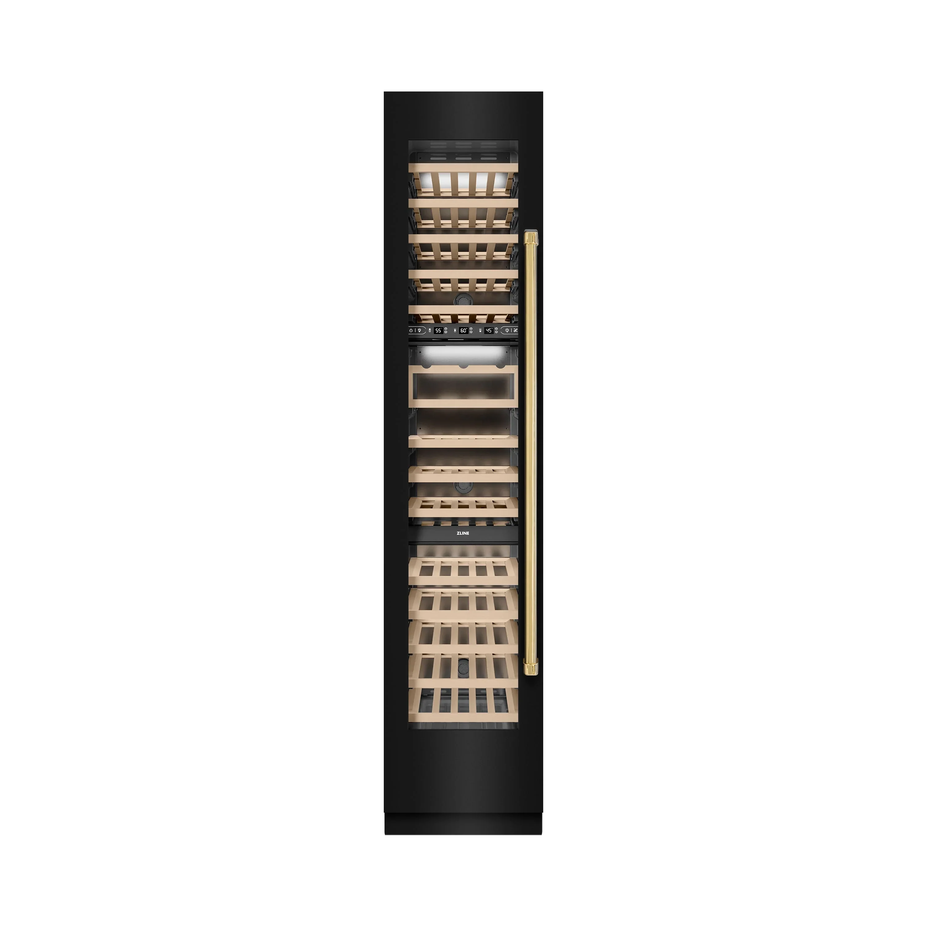 ZLINE Autograph Edition 18-Inch 9.0 Cu. Ft. Triple Zone 68 Bottle Left Hinge Column Wine Cooler in Black Stainless Steel with Polished Gold Accents (RCWVLZ-BS-18-G)