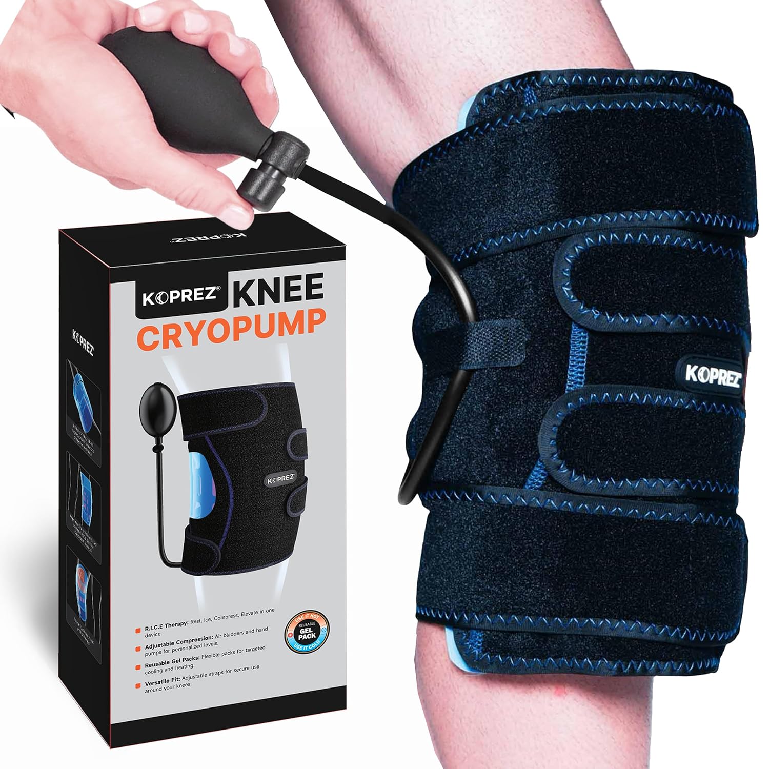 Koprez Knee CryoPump | Adjustable and Reusable Knee Ice Pack Wrap for Knee Pain Relief | Universal Fit with Adjustable Compression Pump | Knee Ice Wrap for Men and Women