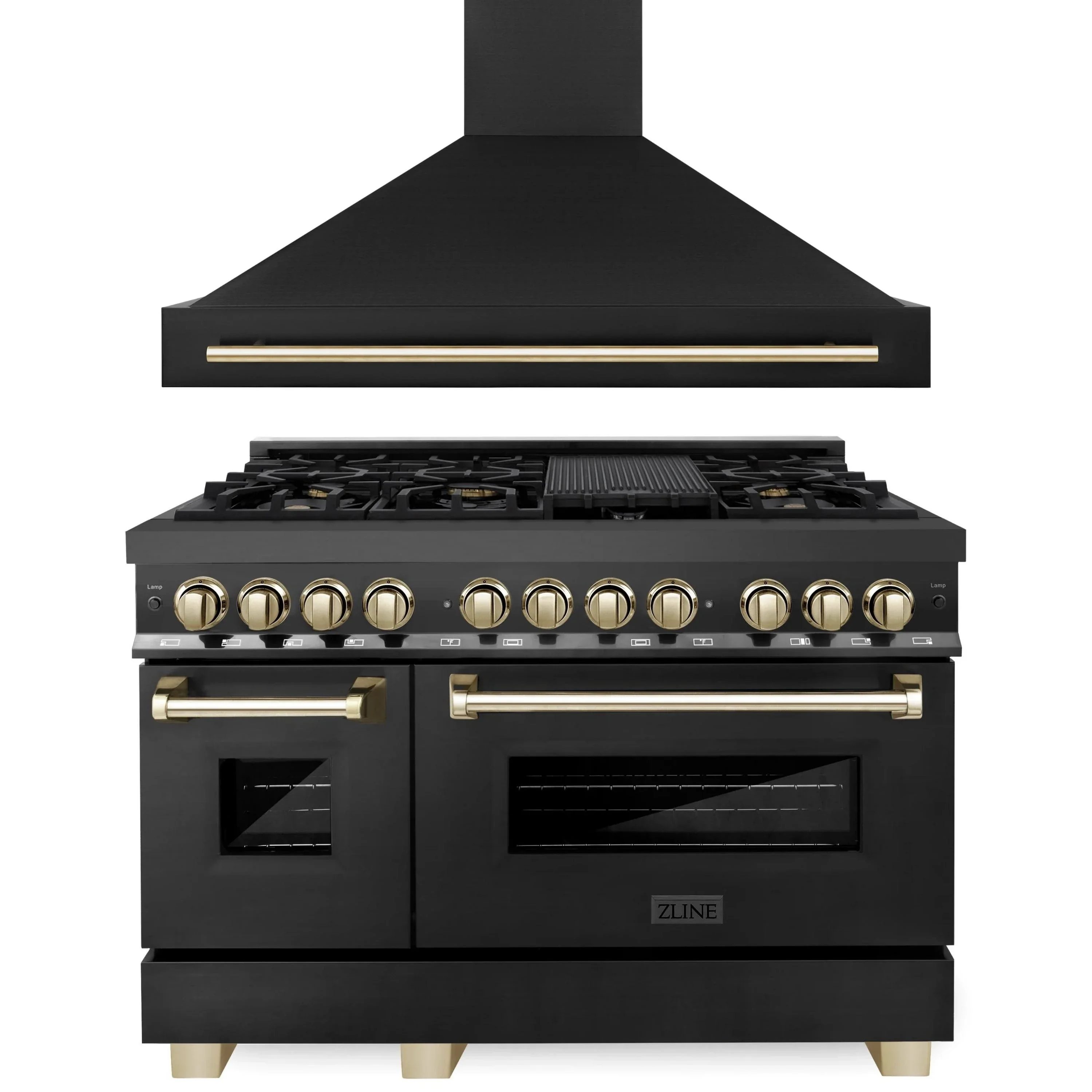 ZLINE Autograph Edition 2-Piece Appliance Package - 48-Inch Dual Fuel Range & Wall Mounted Range Hood in Black Stainless Steel with Gold Trim (2AKP-RABRH48-G)