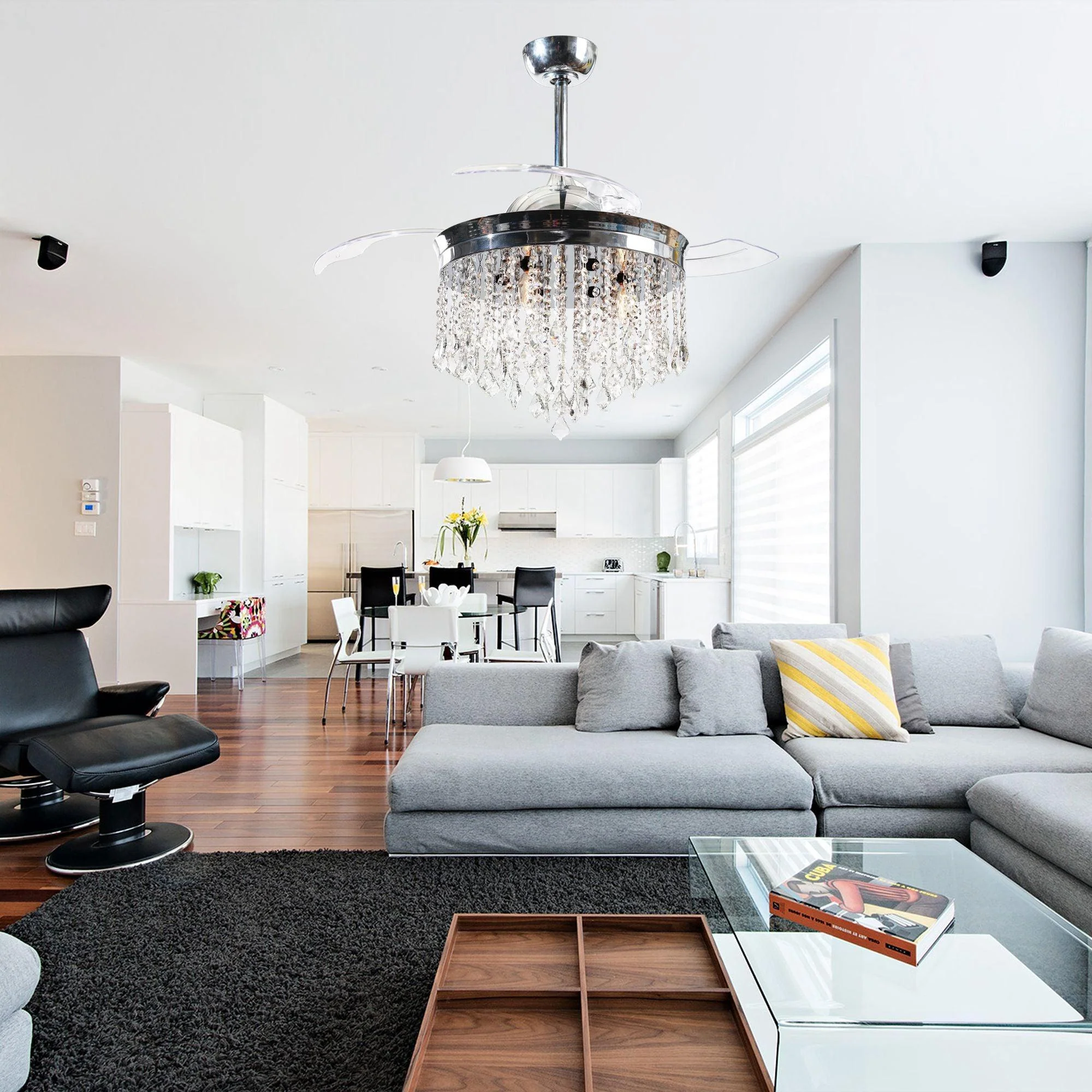 Parrot Uncle 42-Inch Mateo Modern Downrod Mount Crystal Ceiling Fan with Lighting and Remote Control