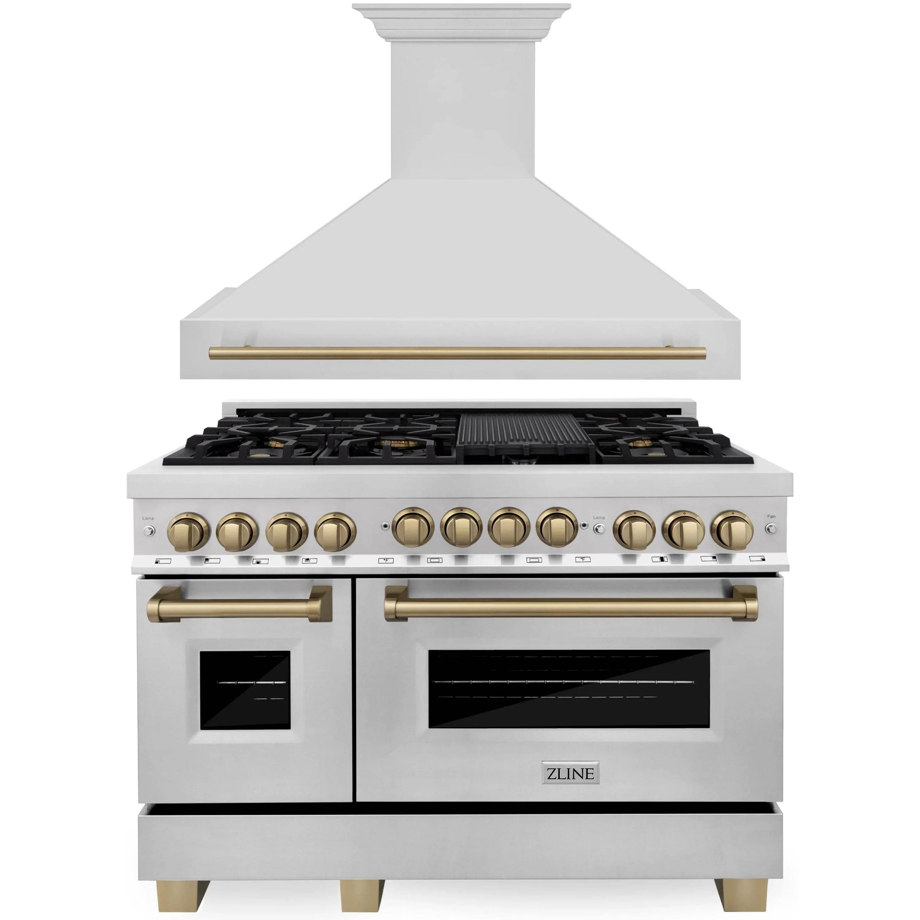 ZLINE Autograph Edition 2-Piece Appliance Package - 48-Inch Dual Fuel Range & Wall Mounted Range Hood in Stainless Steel with Champagne Bronze Trim (2AKP-RARH48-CB)