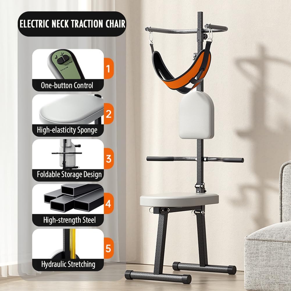 DYRABREST Electric Traction Chair Intelligent Neck Traction Machine Foldable Neck Traction Chair with Adjustable Strength for Home and Healthcare Settings Effective Cervical Spine Stretching