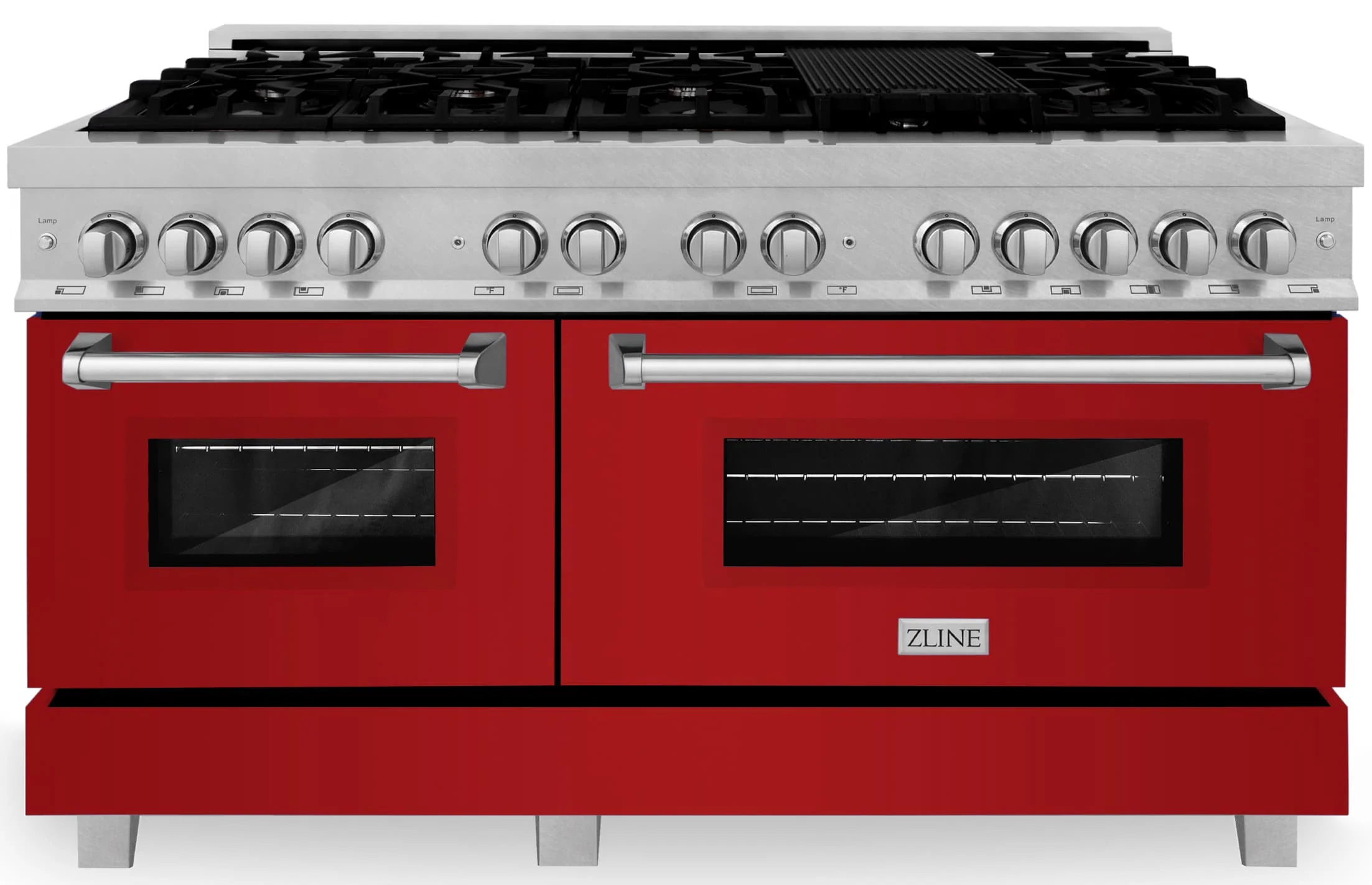 ZLINE 60-inch Legacy Series Dual Fuel Range with 9 Gas Burner Stove and 7.4 Cu. Ft. Electric Oven in Fingerprint Resistant Satin Stainless Steel and Red Gloss Doors (RAS-RG-60)