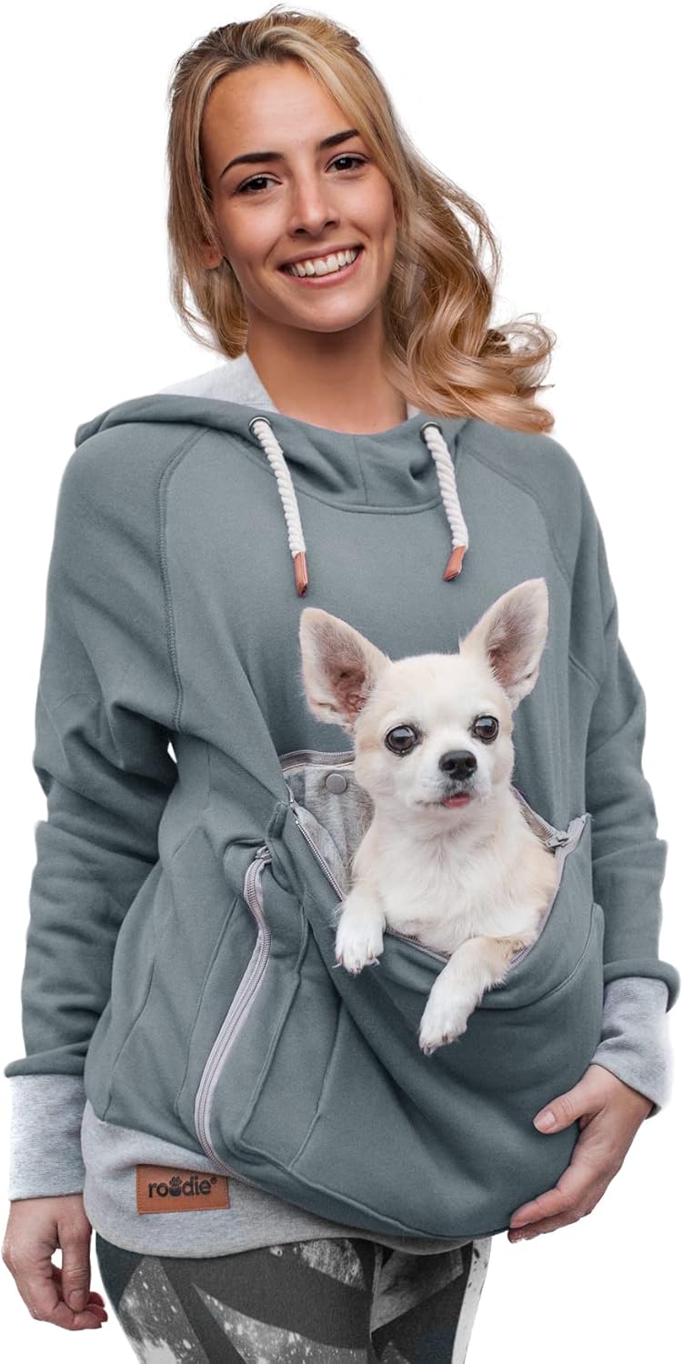 Pet Pouch Hoodie Small Pet Carrier - Dog Cat Pouch Hoodie Sweatshirt Kangaroo Pocket Holder - No Ears - Women's Fit
