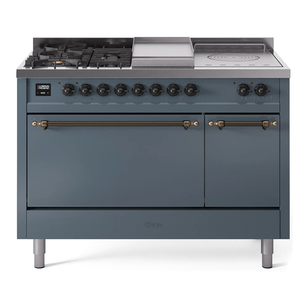 ILVE Nostalgie II 48-Inch Dual Fuel Range with 5 Burners, Griddle, & French Top, with Solid Door Oven in Blue Grey with Bronze Trim (UP48FSQNMPBGB)