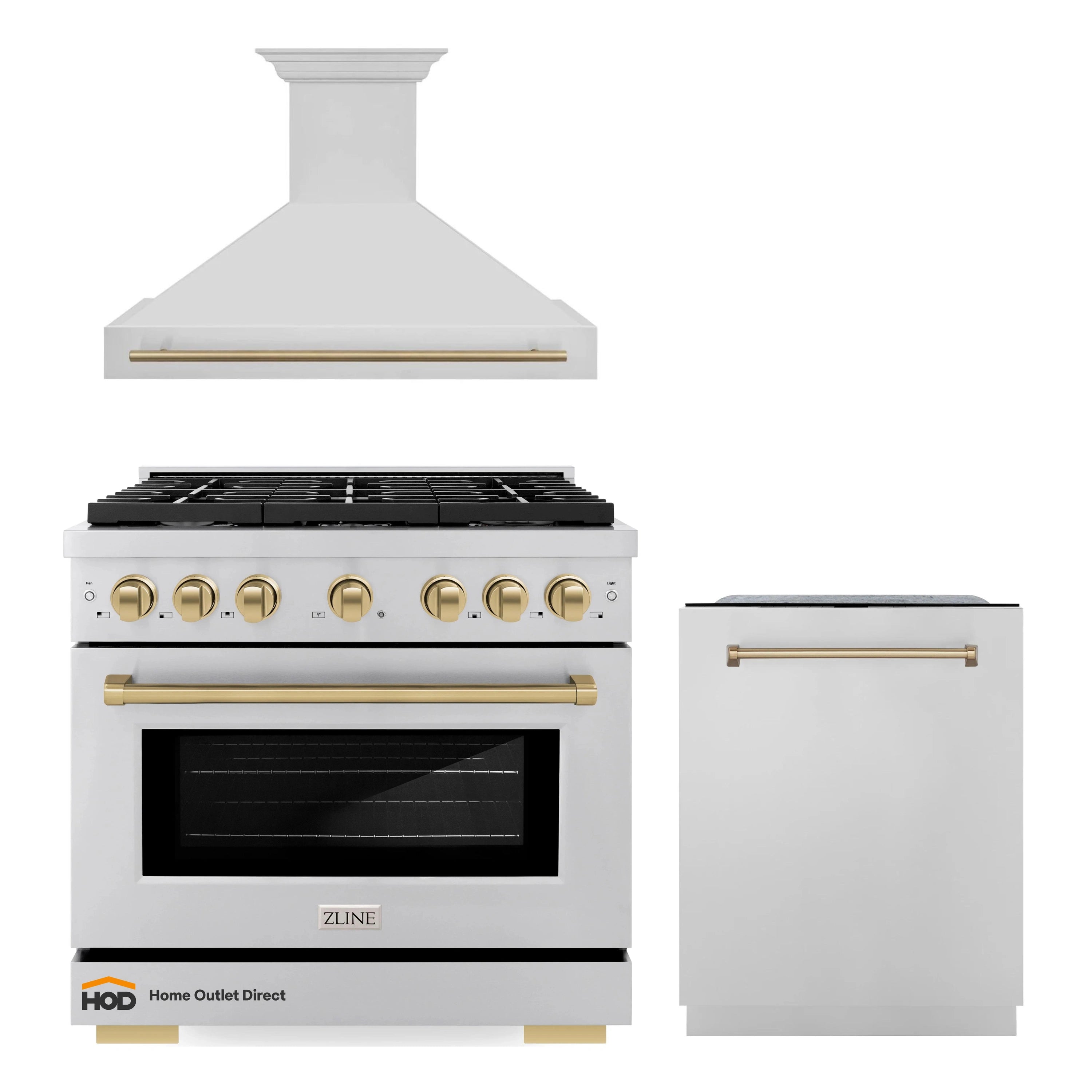 ZLINE Autograph Edition 3-Piece Appliance Package - 36-Inch Gas Range, Wall Mounted Range Hood, & 24-Inch Tall Tub Dishwasher in Stainless Steel with Champagne Bronze Trim (3AKP-SGRRHDWM36-CB)