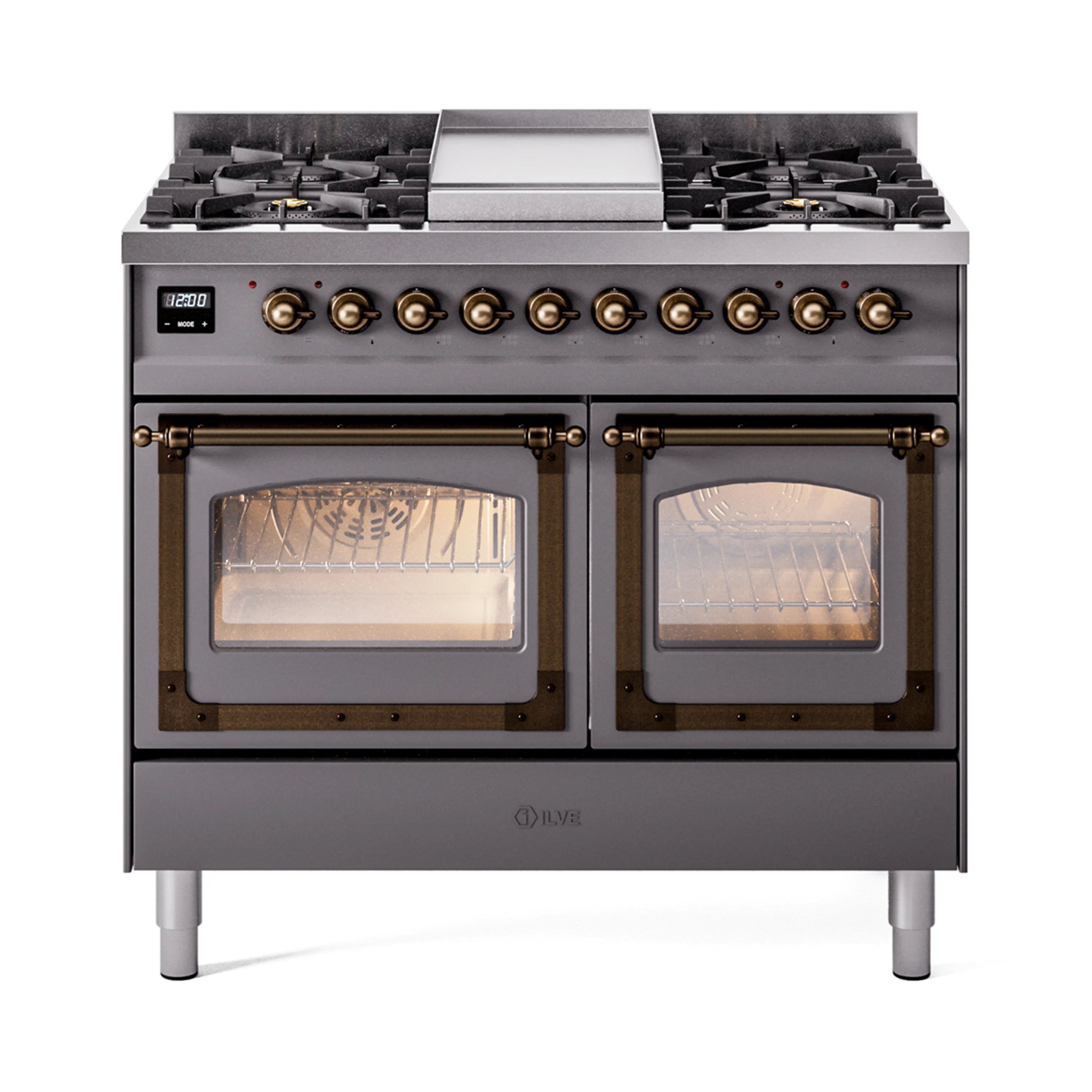 ILVE 40-Inch Nostalgie II Noblesse Dual Fuel Range with Triple Glass Door Oven in Matte Graphite with Bronze Trim (UND40FNMPMGB)