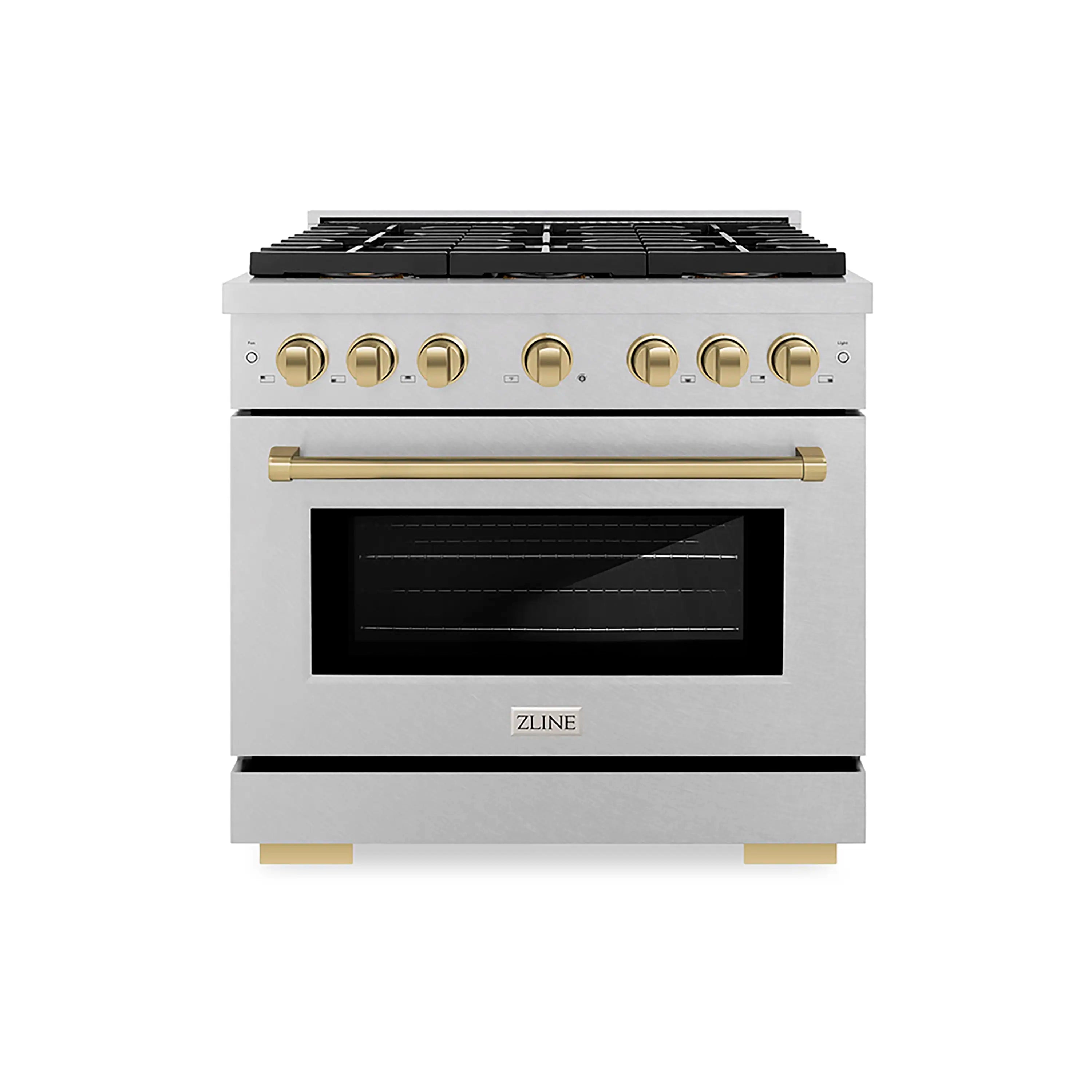 ZLINE Autograph Edition 36-Inch 5.2 cu. ft. Paramount Gas Range with 6 Burner DuoPro鈩?Cooktop and Convection Gas Oven in Satin Stainless Steel and Champagne Bronze Accents (PSGRSZ-36-CB)