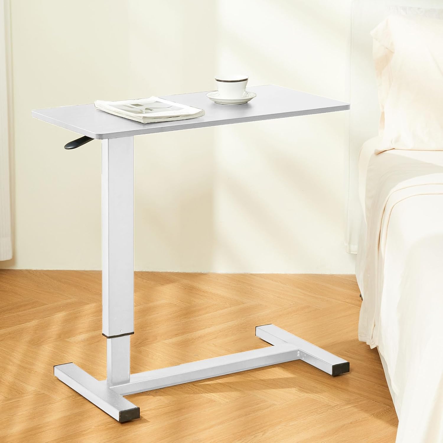 Overbed Table with Swivel Hidden Wheels Adjustable Height, Pneumatic Mobile Standing Desk Laptop Bedside Table Multi-Purpose for Home and Hospital Use (White)