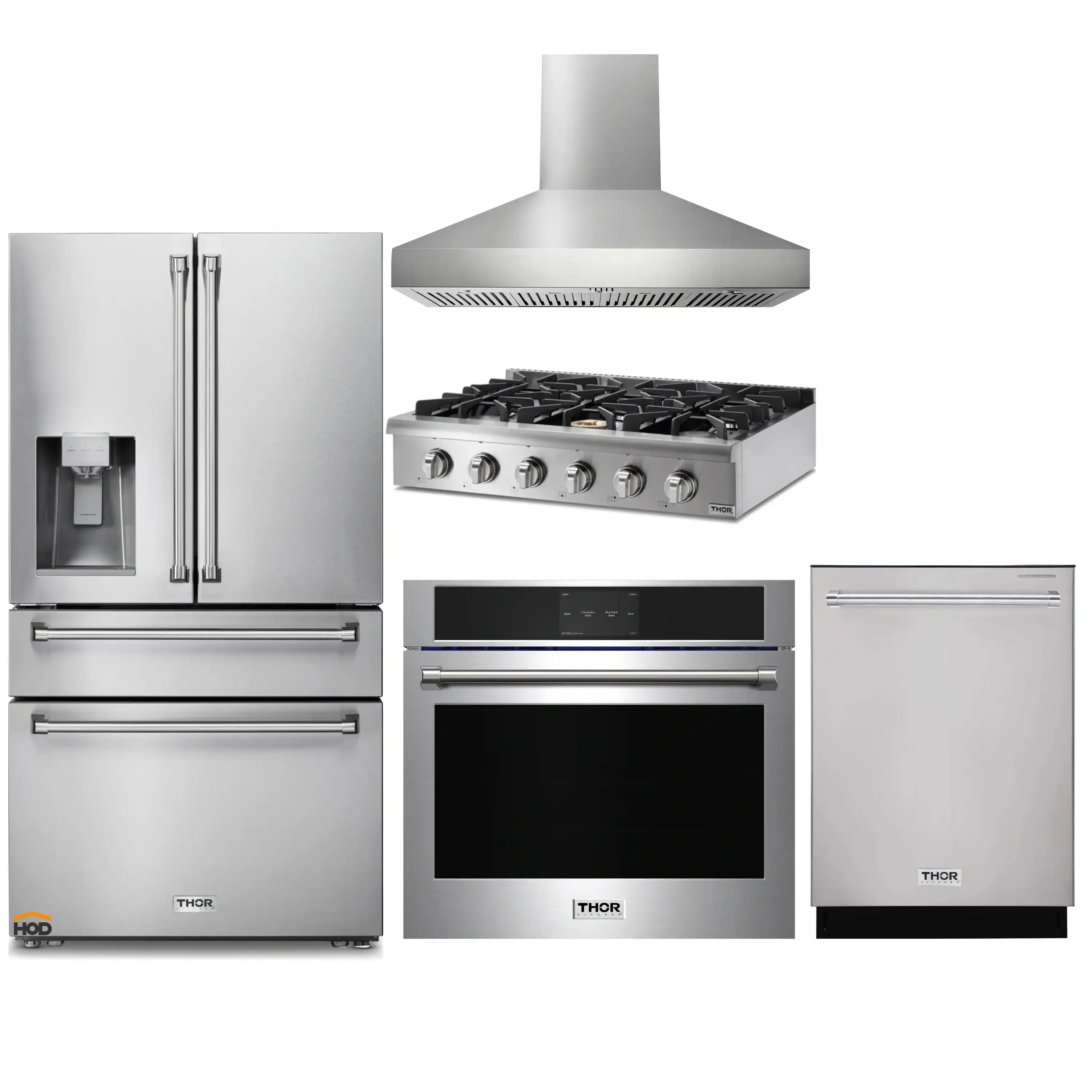 Thor Kitchen 5-Piece Pro Appliance Package - 36-Inch Rangetop, Electric Wall Oven, Pro-Style Wall Mount Hood, Dishwasher & Refrigerator with Water Dispenser in Stainless Steel
