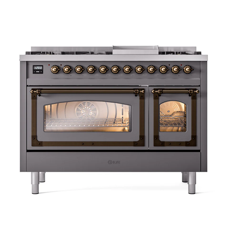 ILVE Nostalgie II Noblesse 48-Inch Dual Fuel Freestanding Range in Matte Graphite with Bronze Trim (UN48FNMPMGB)
