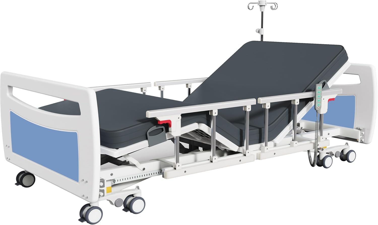 Premium Ultra Low 5 Functions Full Electric Hospital Bed,Adjustable Height ICU Medical Bed for Home Use with Advanced Germany Motor,Waterproof Mattress,Locking Casters,IV Pole,550LBS Loading
