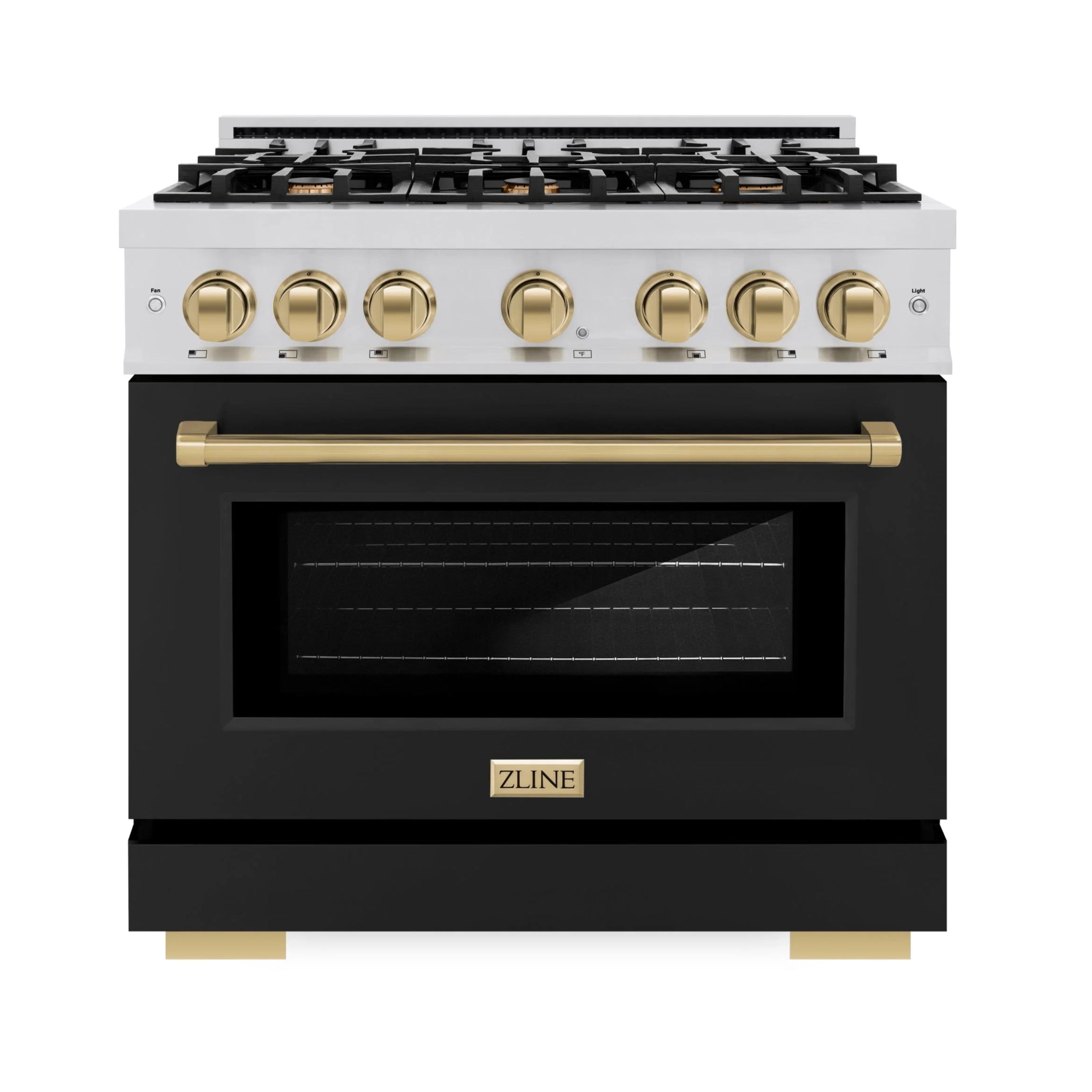 ZLINE Autograph Edition 36-Inch Select Series Gas Range with 6 Gas Burner Cooktop and 5.2 Cu. Ft. Gas Convection Oven in Stainless Steel with Black Matte Door and Champagne Bronze Accents (HGRZ-BLM-36-CB)