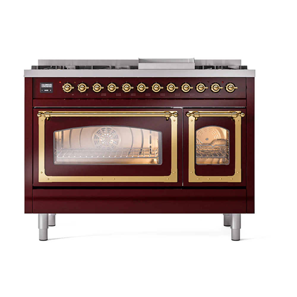 ILVE Nostalgie II Noblesse 48-Inch Dual Fuel Freestanding Range in Burgundy with Brass Trim (UN48FNMPBUG)
