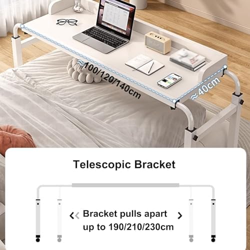 Over Bed Table with Wheels MDF Over Bed Desk, 65-95cm Height Can be Adjusted with 360° Universal Wheels and Heightened Stopper Suitable for Home, Hospital(Brass,100x40cm)