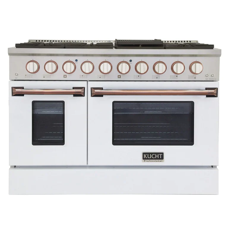 Kucht Signature 48-Inch Propane Gas Range with Convection Oven in White with White Knob & Rose Gold H&le (KNG481/LP-W-ROSE)