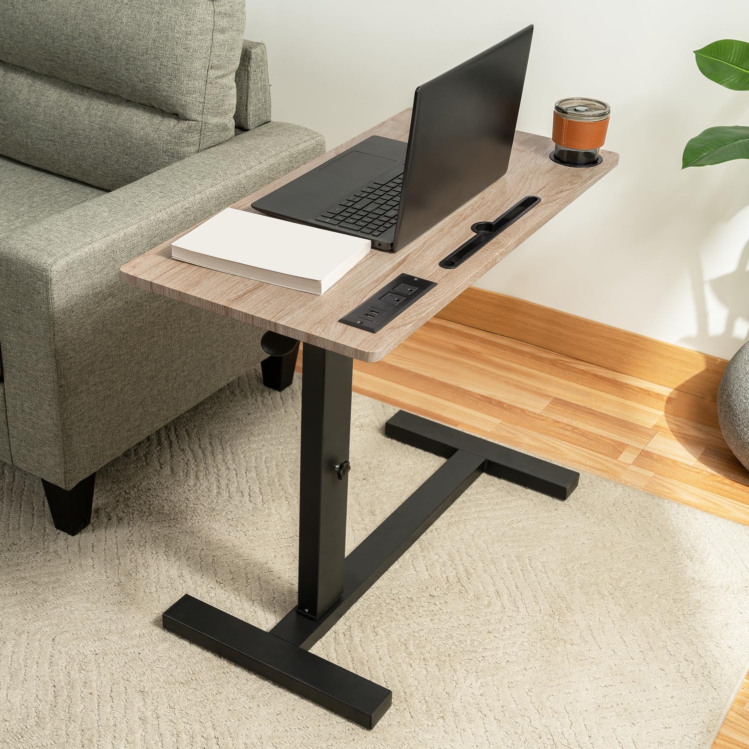 Naomi Home Tamara Adjustable Bed Desk with Wheels – Heavy-Duty Rolling Laptop Table with USB & C-Type Charging, Cup Holder and Hidden Casters Natural,Black