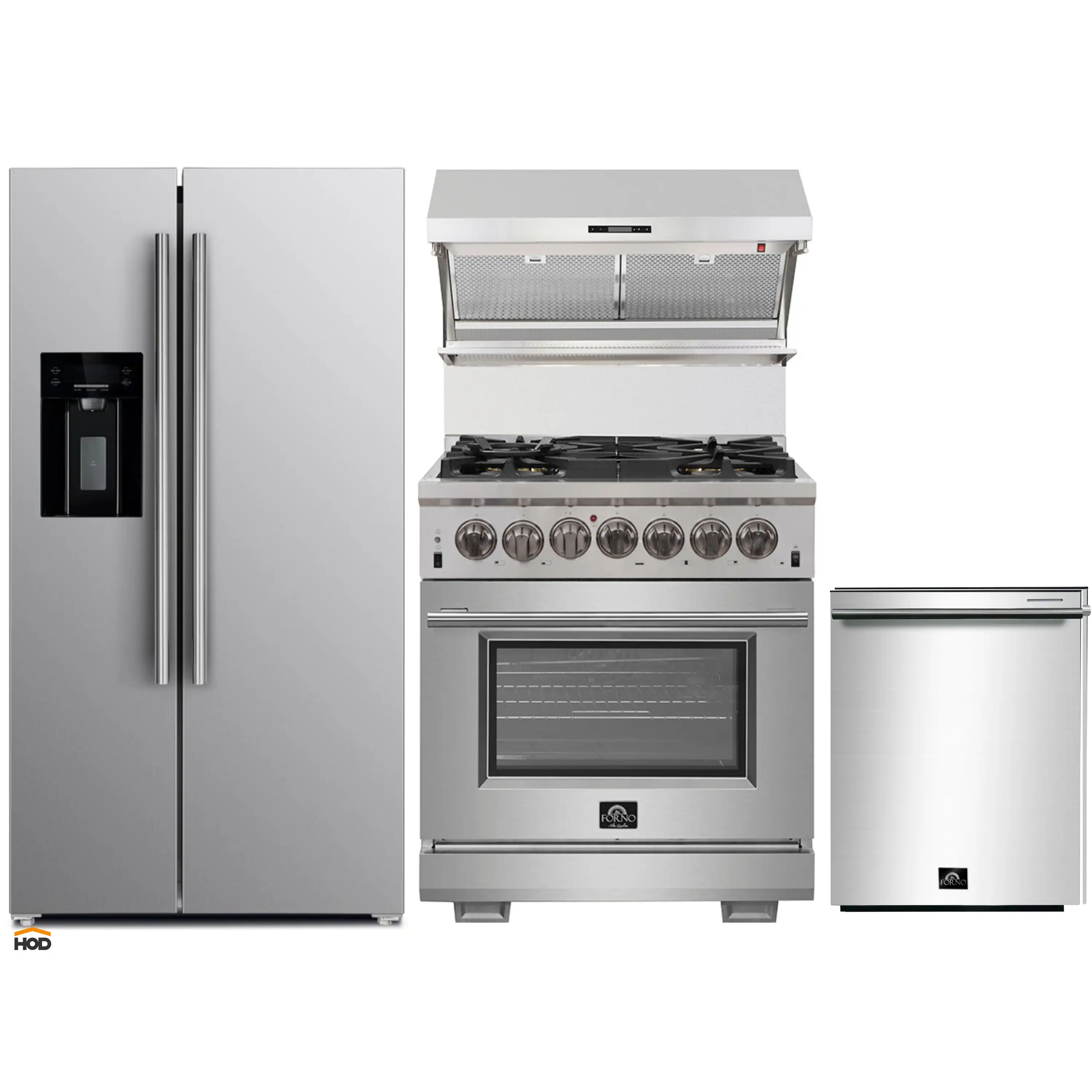 Forno 4-Piece Pro Appliance Package - 30-Inch Dual Fuel Range, Refrigerator with Water Dispenser, Wall Mount Hood with Backsplash, & 3-Rack Dishwasher in Stainless Steel