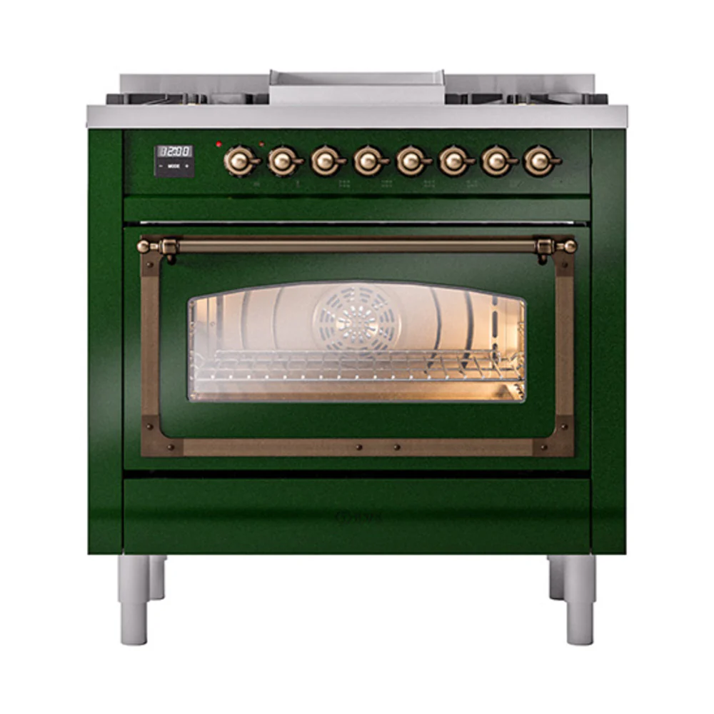 ILVE Nostalgie II Noblesse 36-Inch Dual Fuel Range and Triple Glass Door in Emerald Green with Bronze Trim (UN36FNMPEGB)