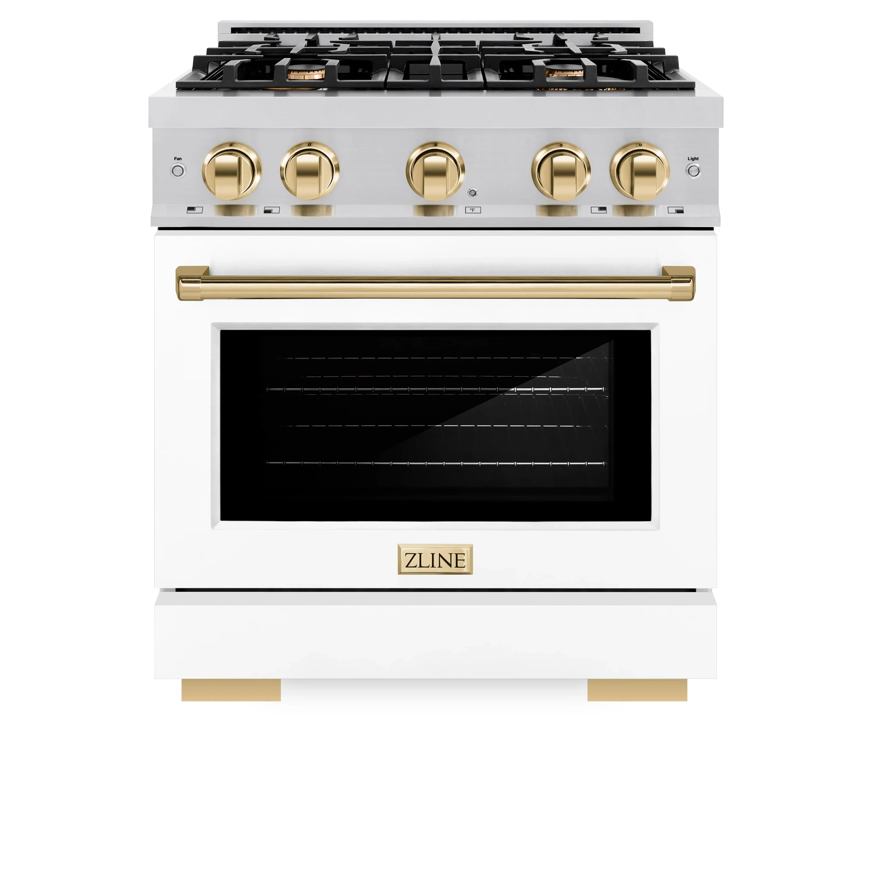 ZLINE Autograph Edition 30-Inch Select Series Gas Range with 4 Gas Burner Cooktop and 4.2 Cu. Ft. Gas Convection Oven in Stainless Steel with White Matte Door and Polished Gold Accents (HGRZ-WM-30-G)