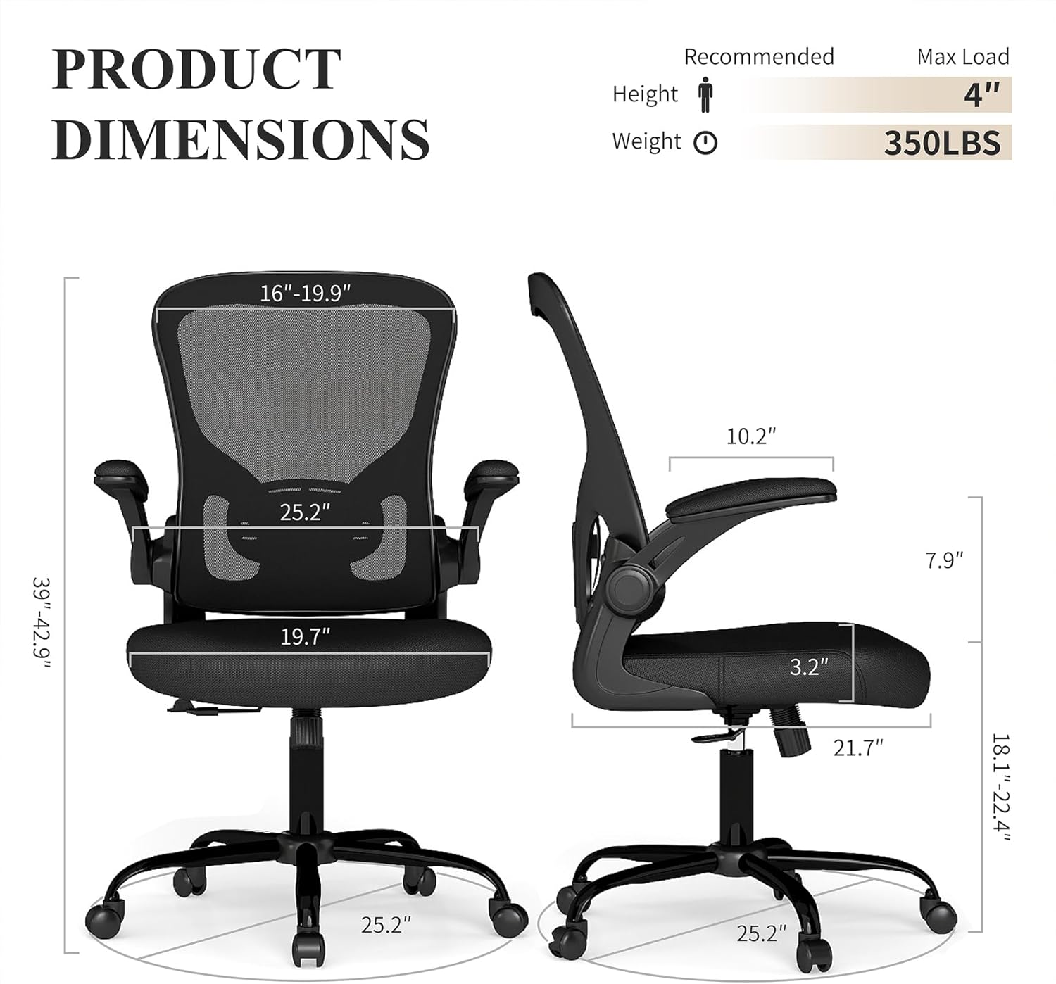 Flysky Mesh Office Chair, Ergonomic Computer Desk Chairs for Home Office - with Comfy/Comfortable Flip-up Arm Rests, Lumbar Support, Height Adjustable, 360 Degree Rolling Swivel (Black)