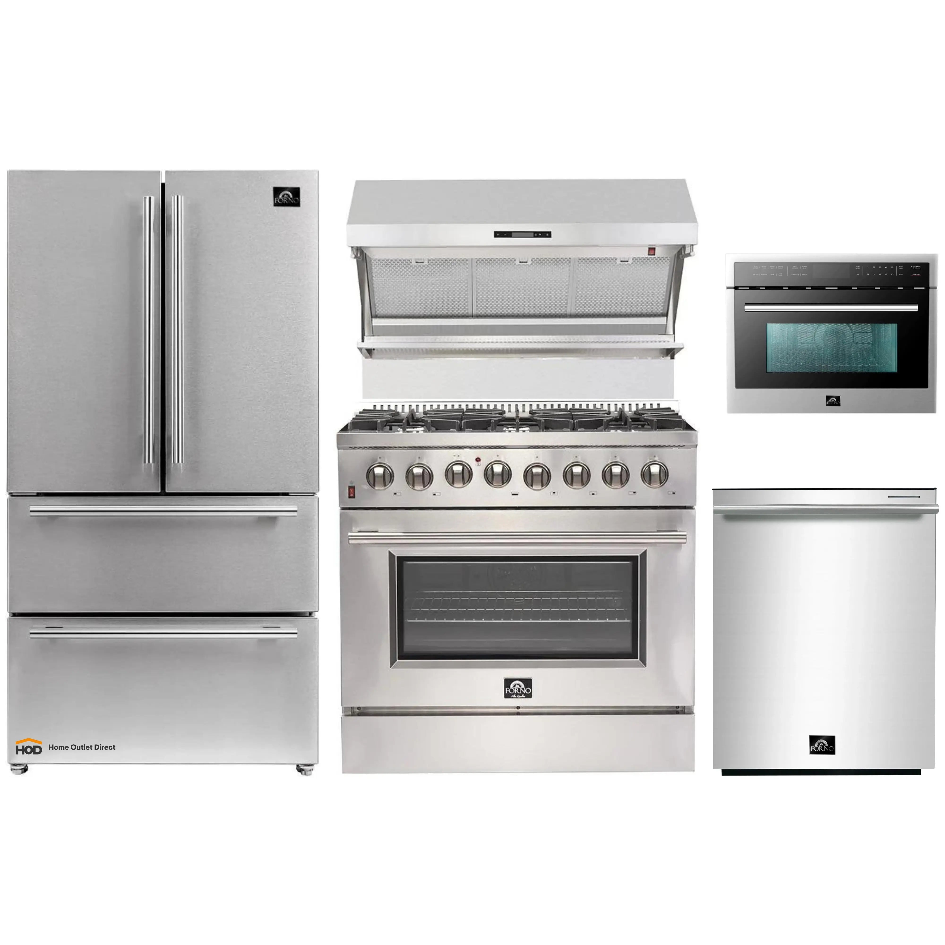 Forno 5-Piece Pro Appliance Package - 36-Inch Dual Fuel Range, 36-Inch Refrigerator, Wall Mount Hood with Backsplash, 24-Inch Microwave Drawer, & 3-Rack Dishwasher in Stainless Steel