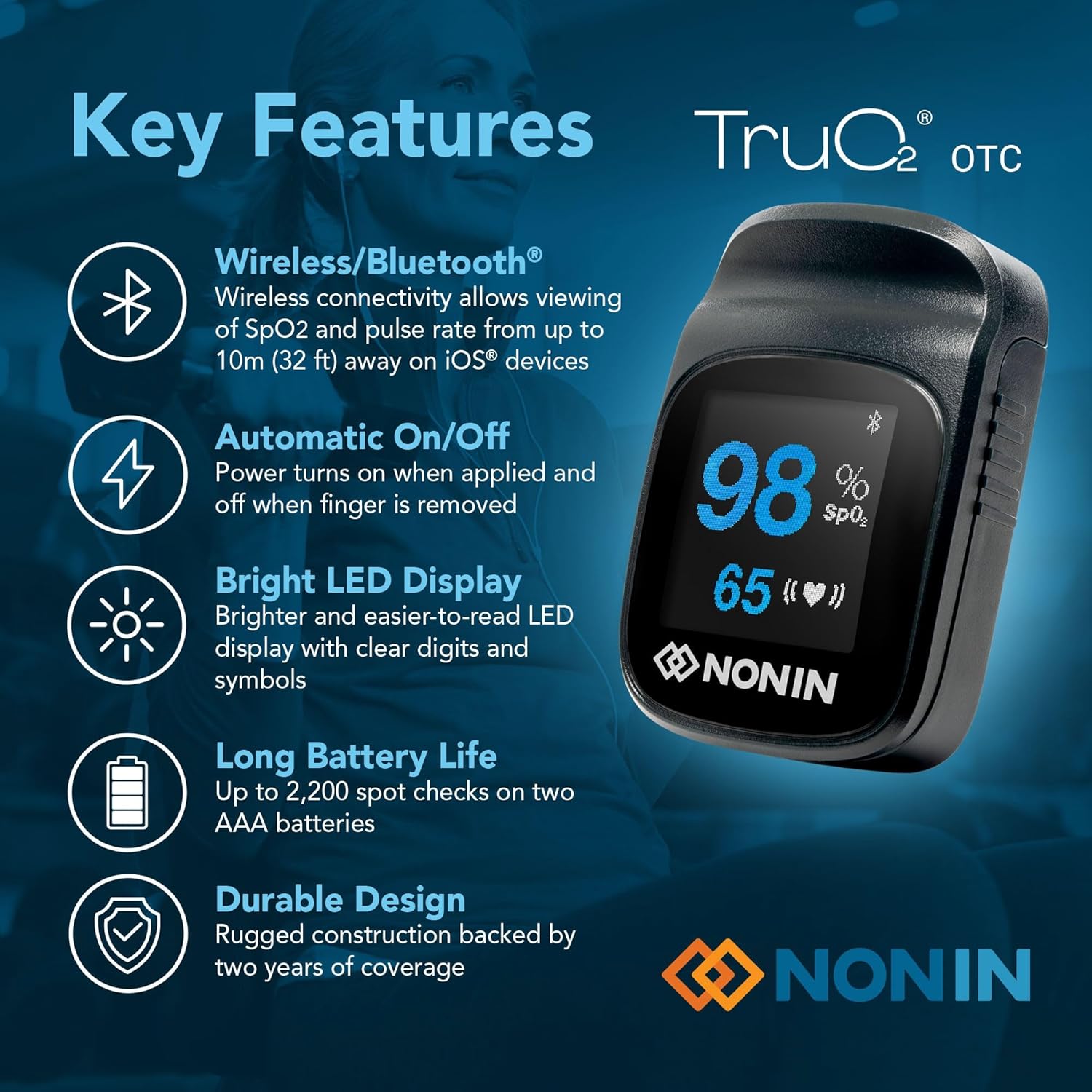 Nonin TruO2 OTC Pulse Oximeter Model 3250 FDA-Cleared, Over-The-Counter Medical Grade Wireless Fingertip Pulse Oximeter