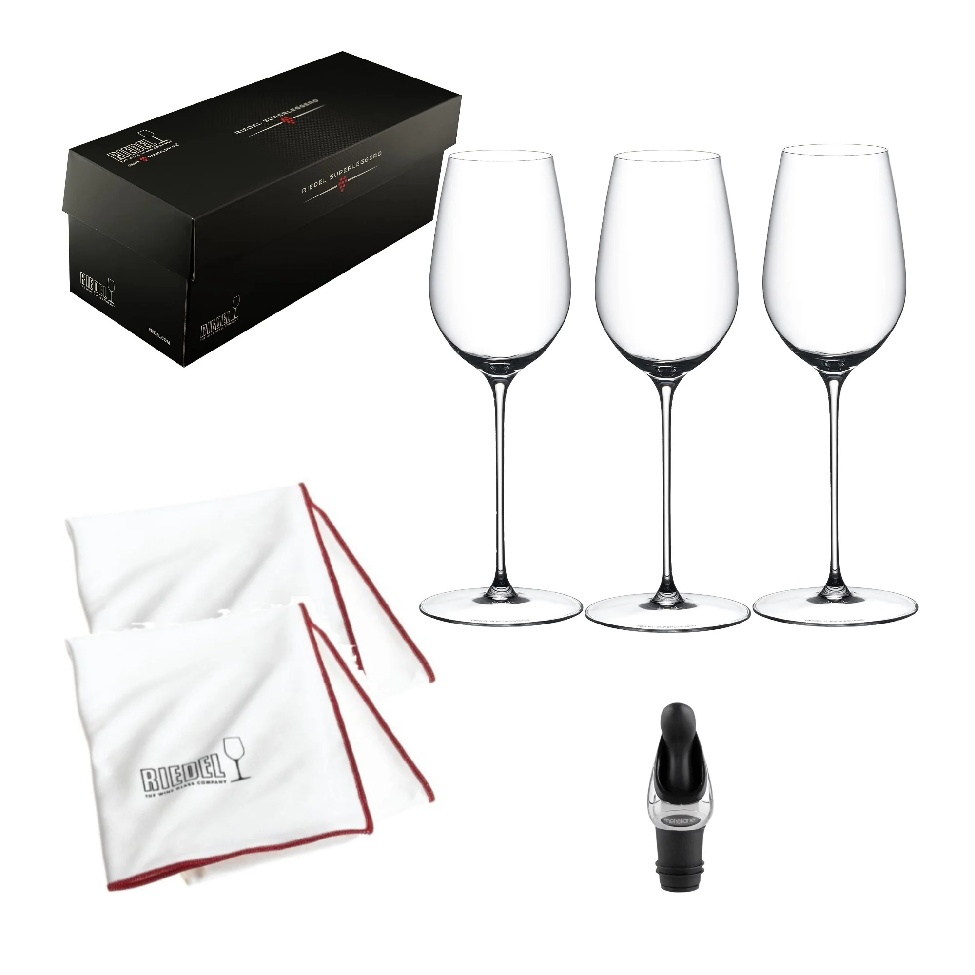 Riedel Supperleggero Riesling Wine Glass (3) with Cloth, and Pourer with Stopper