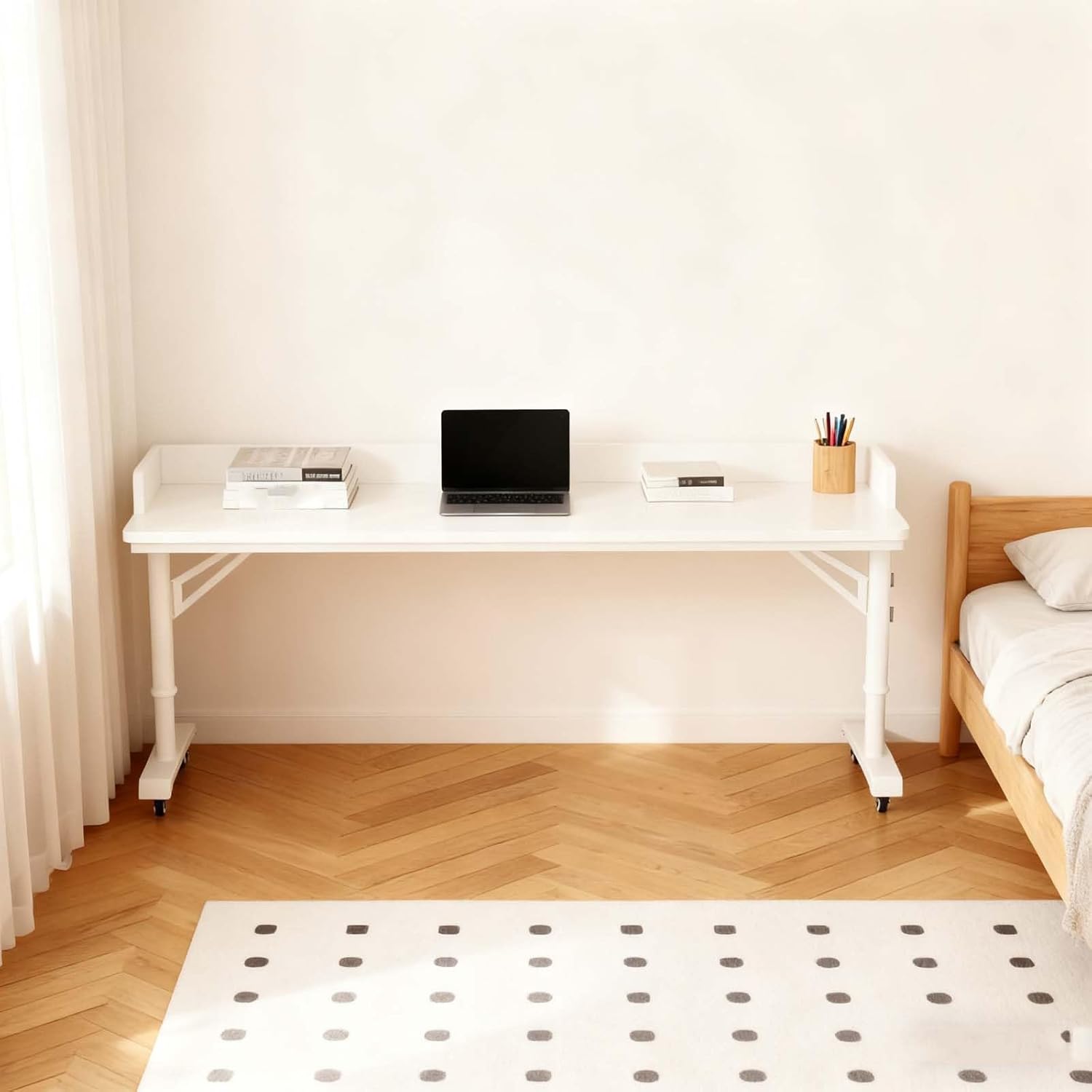 Over The Bed Table with Wheels - Adjustable Height Desk, Rolling Mobile Laptop Cart for Bedroom Work, King Size Beds(120 * 40 * 68cm)