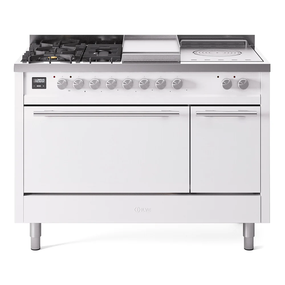 ILVE Professional Plus II 48-inch Dual Fuel Range with 5 Burners, Griddle, & French Top with Solid Door Oven in White (UP48FSQMPWH)
