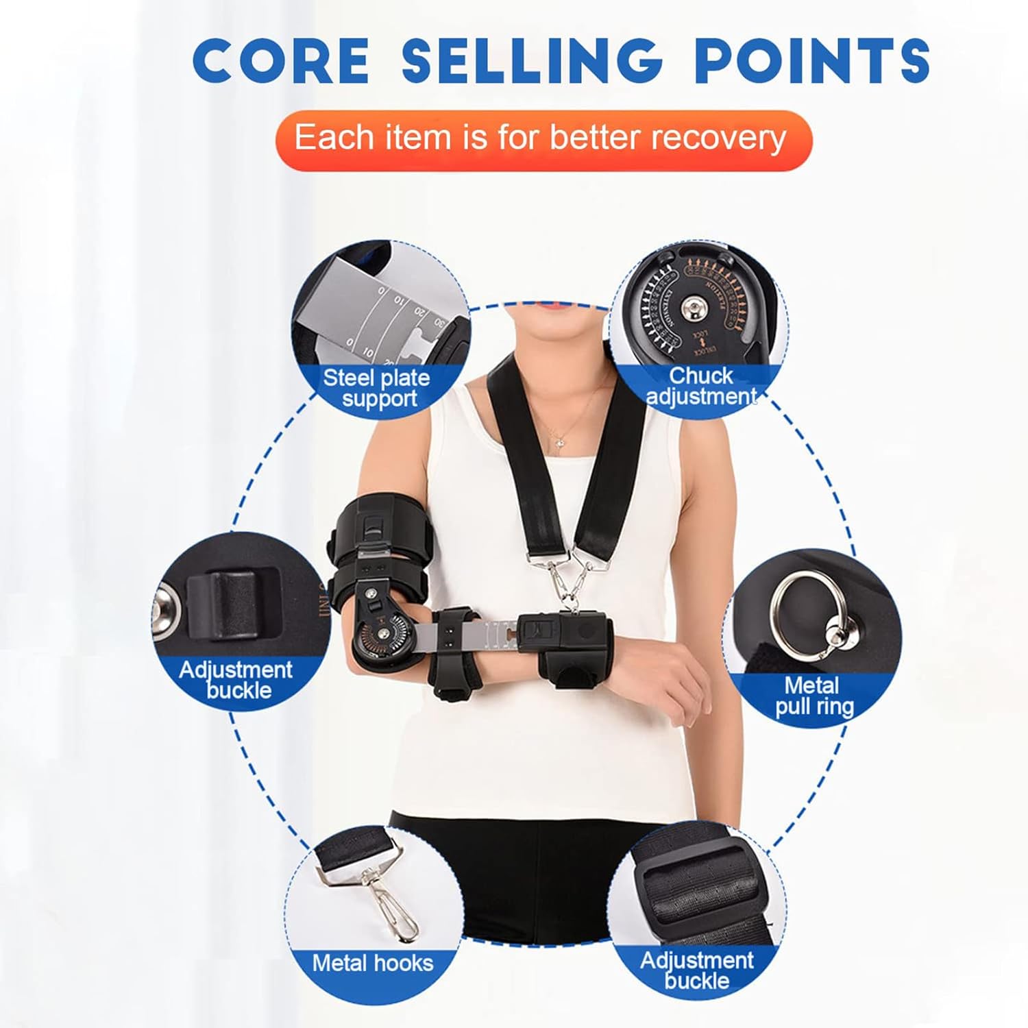 Adjustable Hinged Elbow Brace Stabilizer with Padded Strap Retainer and Double Adjustment Clamps for Arm Injury Recovery Support (Right Hand)