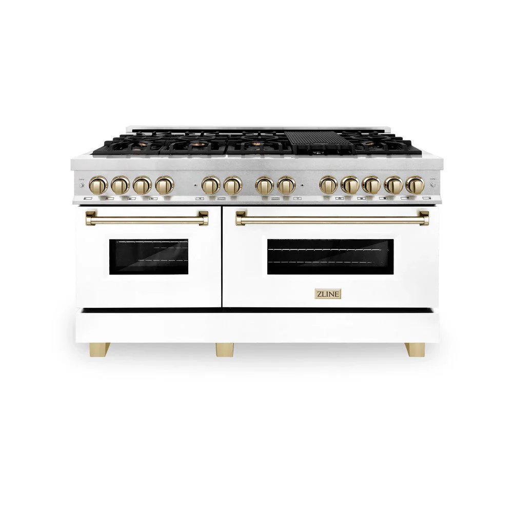 ZLINE Legacy Series Autograph Edition 60-inch Dual Fuel Range with Gas Stove and 7.4 Cu. Ft. Electric Oven in Fingerprint Resistant Satin Stainless Steel with White Matte Door and Gold Accents (RASZ-WM-60-G)