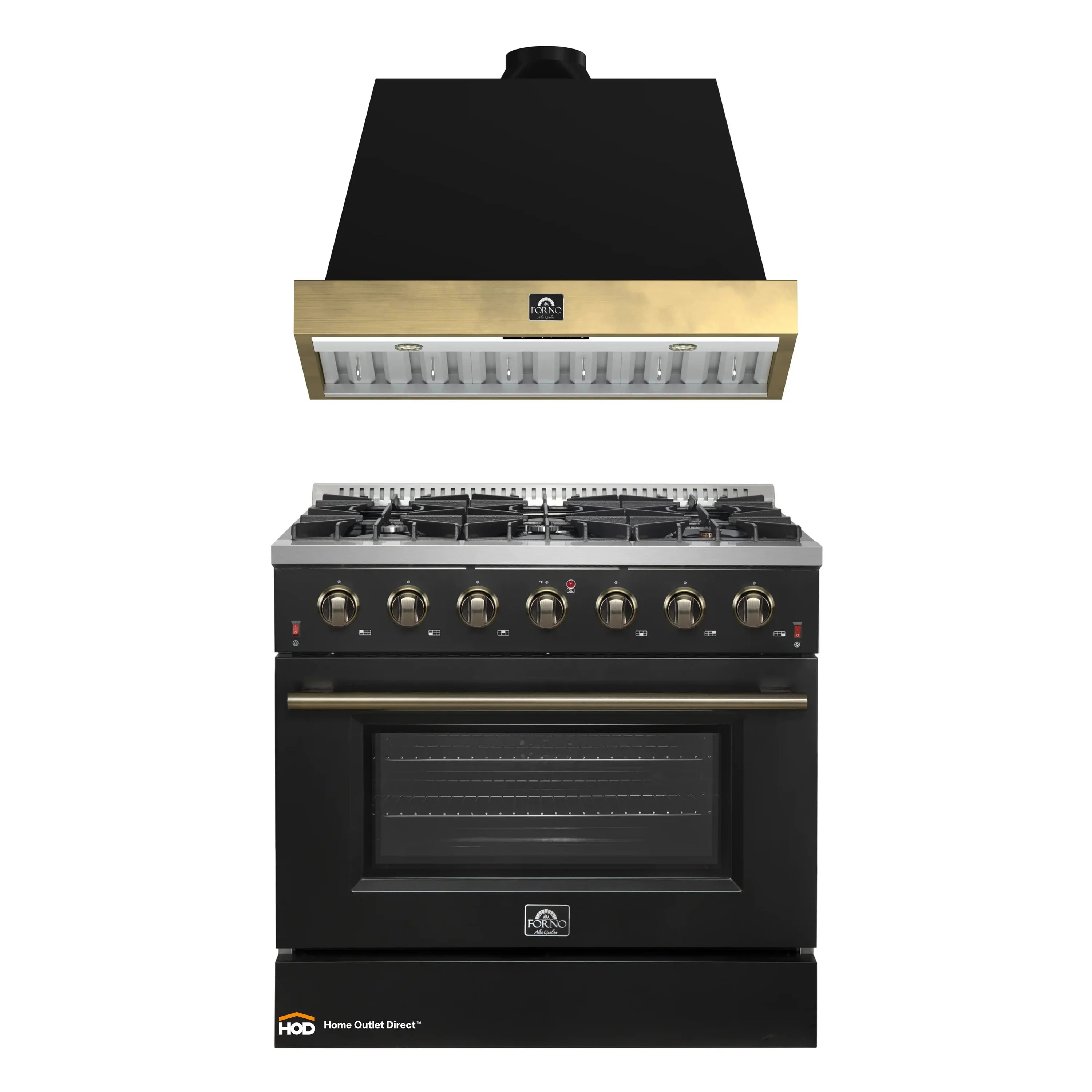 Forno Galiano 2-Piece Appliance Package - 36-Inch Gas Range & 36-Inch Wall Mount Range Hood in Black with Antique Brass Trim
