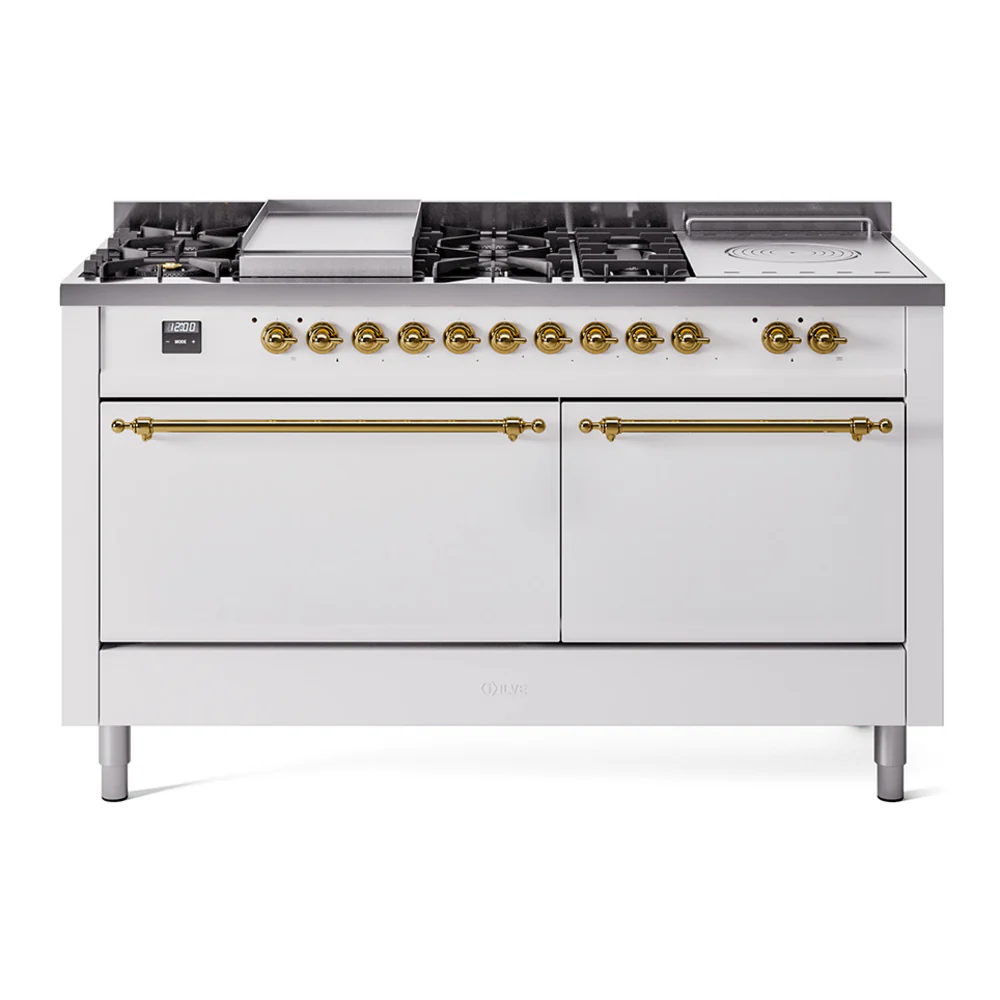 ILVE Nostalgie II 60-Inch Dual Fuel Range with 7 Burners, Griddle, & French Top with Solid Door Oven in White with Brass Trim (UP60FSQNMPWHG)
