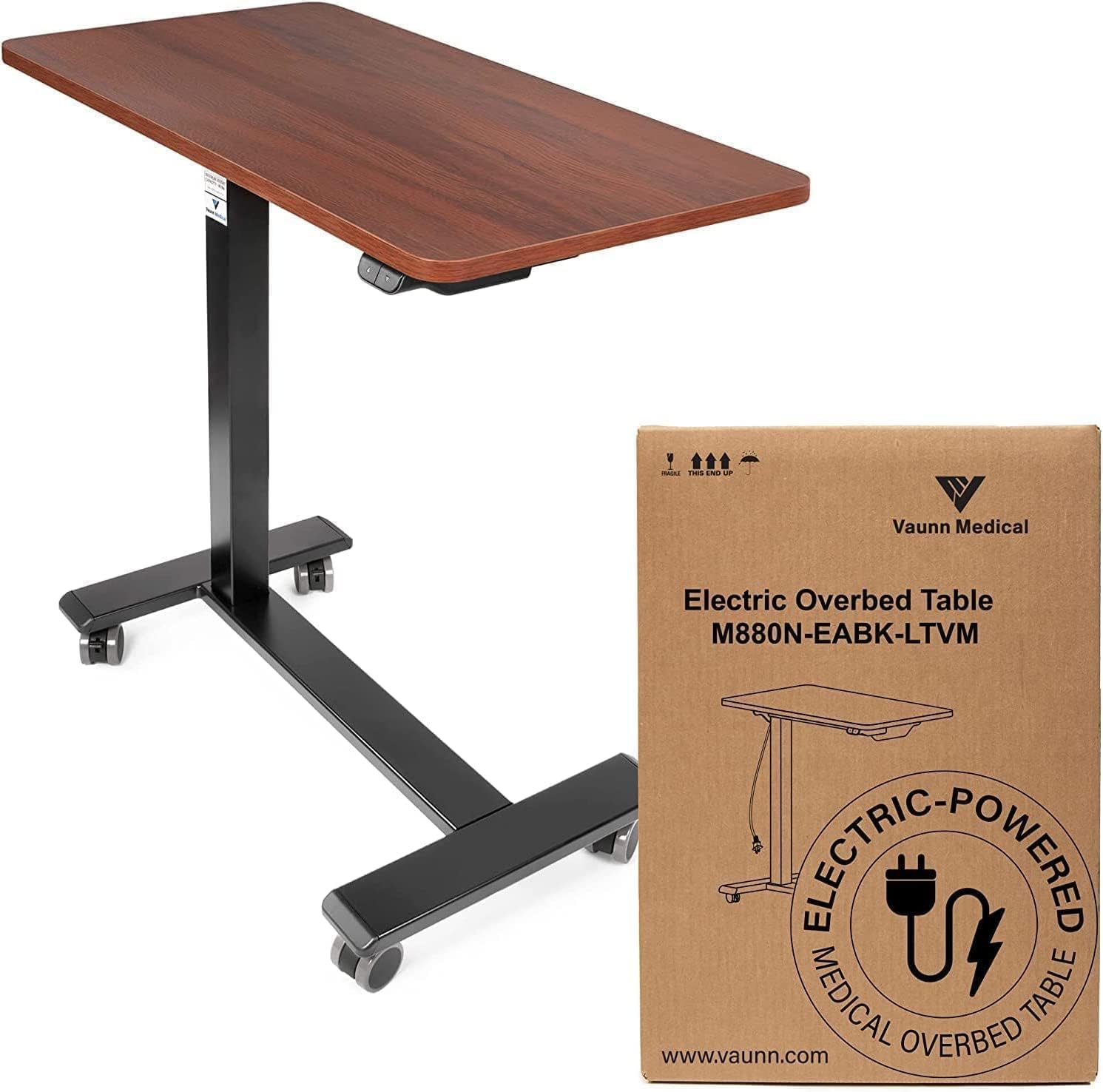 Vaunn Medical Electric Overbed Table Bedside Height Adjustable Table with Wheels (Electric-Powered, Hospital and Home Use) - Brown (Organic Modern)