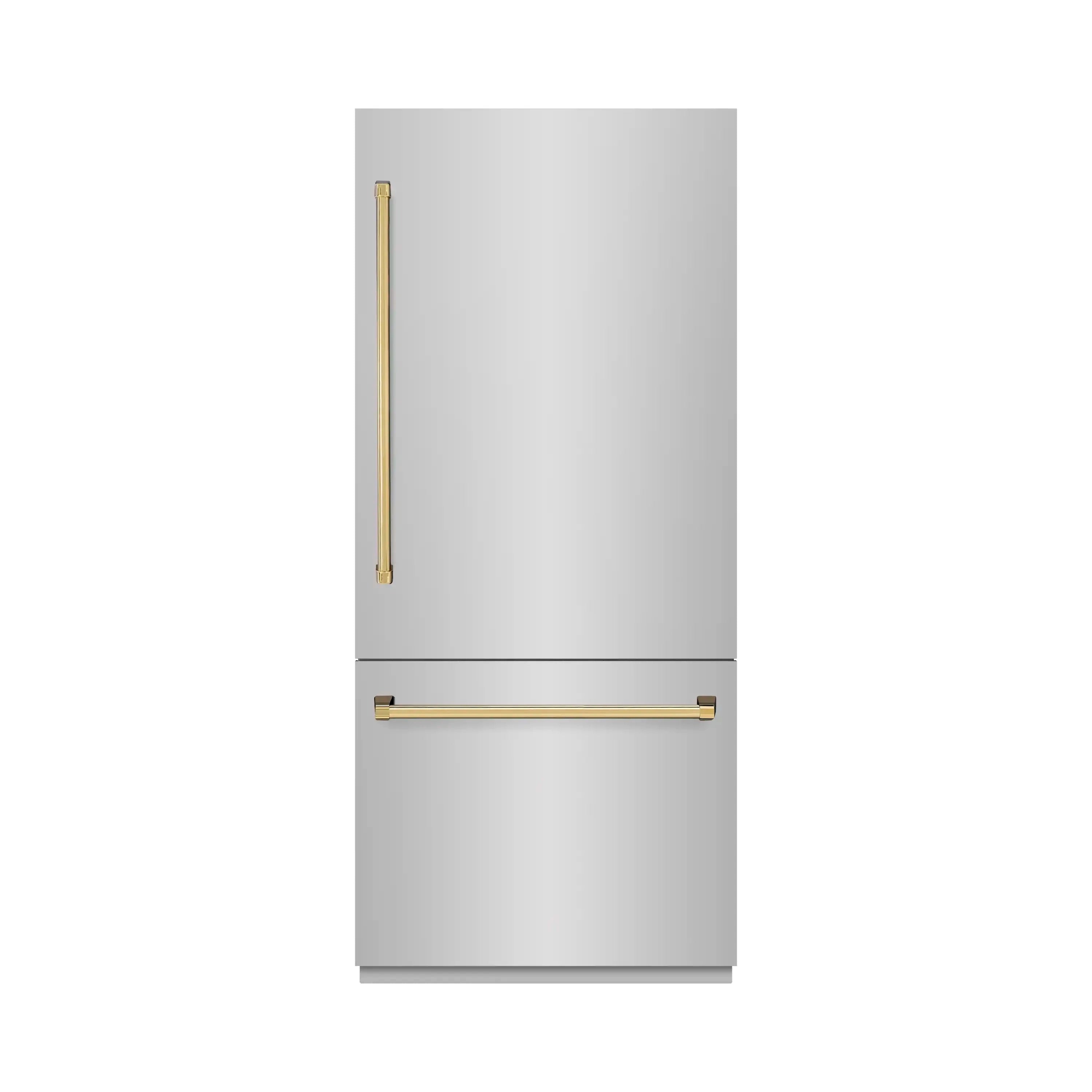 ZLINE Autograph Edition 36-Inch 19.8 Cu. Ft. Built-In Bottom Freezer Refrigerator with Water Dispenser and Ice Maker in Stainless Steel with Graphite Gray Interior and Polished Gold Accents (GRBITZ-304-36G)