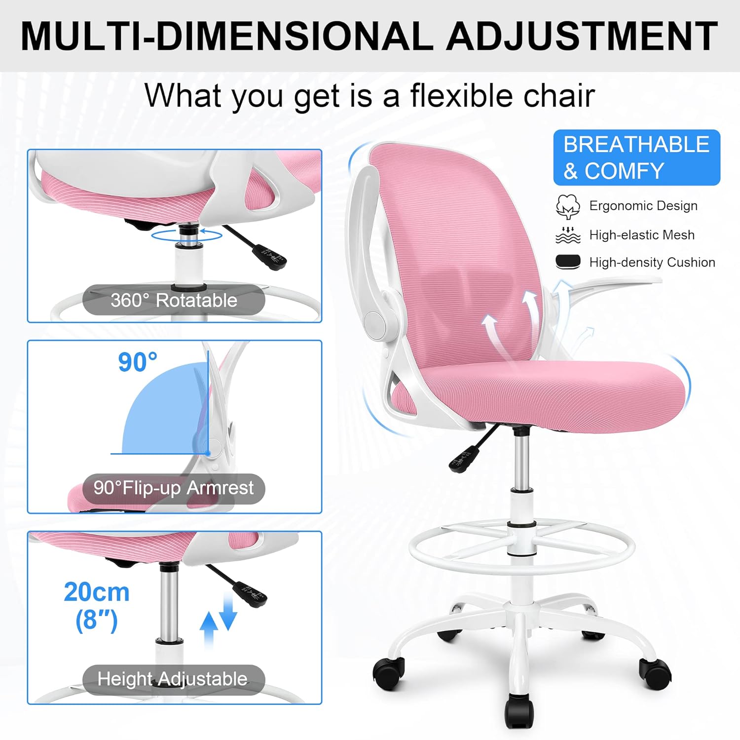 Primy Drafting Chair Tall Office Chair with Flip-up Armrests Executive Ergonomic Computer Standing Desk Chair with Lumbar Support and Adjustable Footrest Ring (Pink)