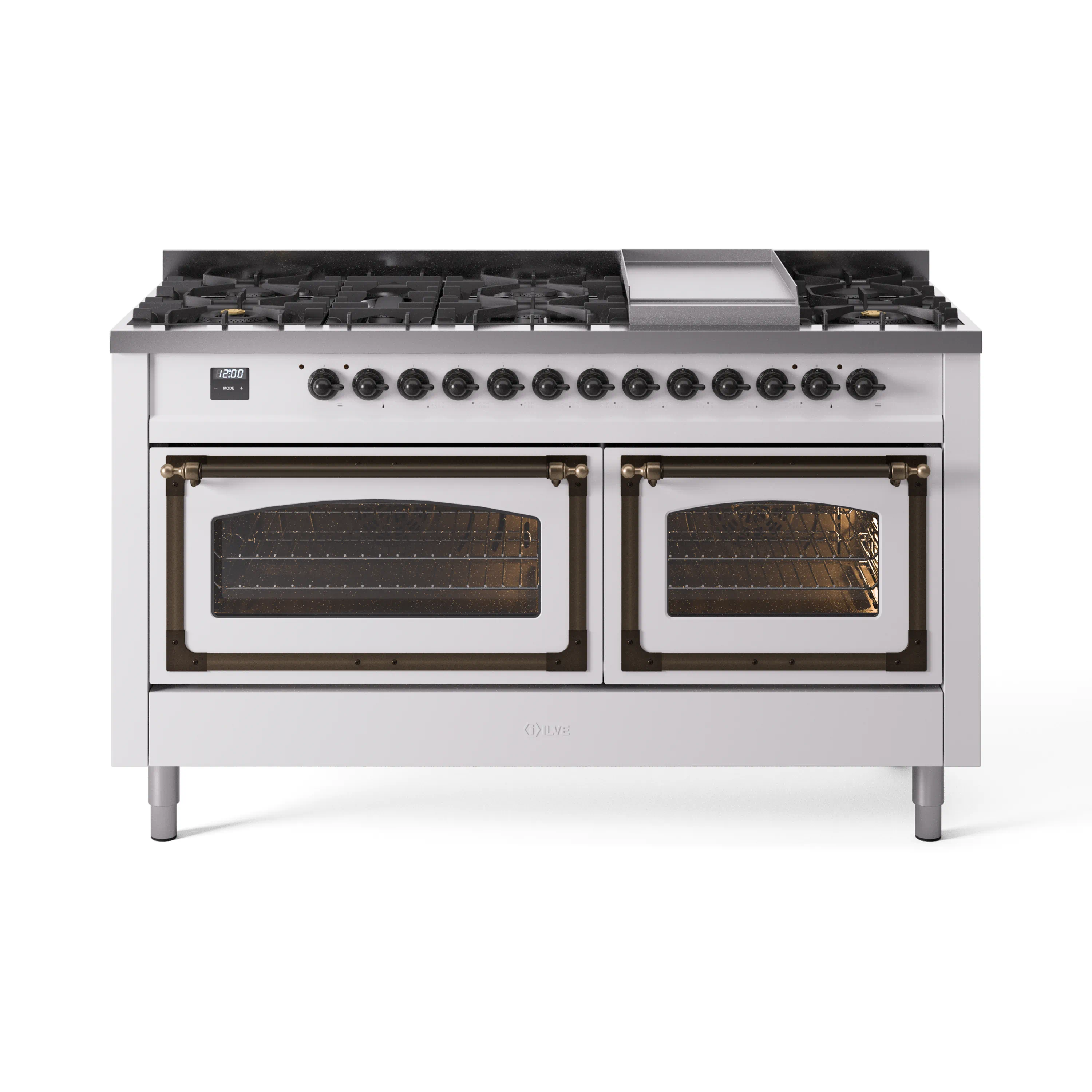 ILVE 60-Inch Nostalgie II Noblesse Dual Fuel Range with 9 Sealed Burners, Griddle, Triple Glass Door Oven in White with Bronze Trim (UN60FNMPWHB)
