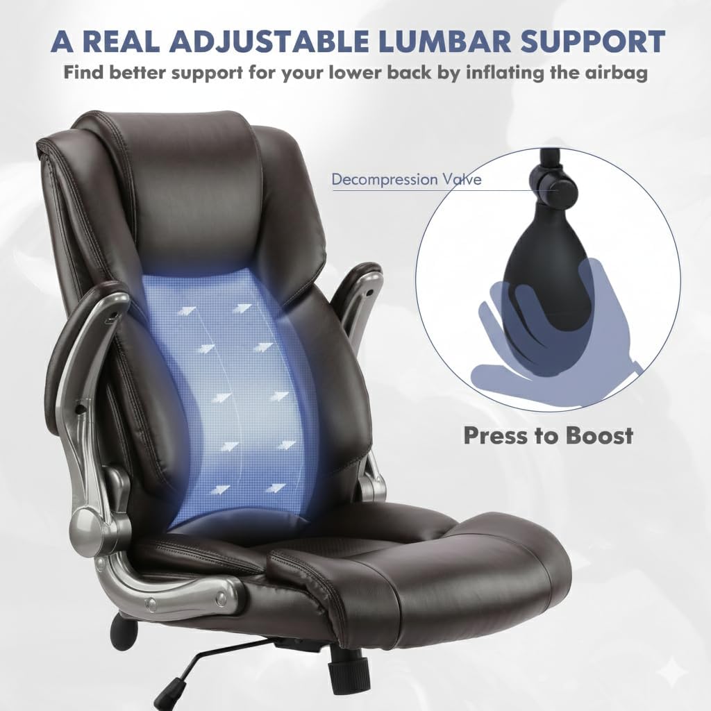 Ergonomic High Back Executive Office Chair with Adjustable Lumbar Support, Leather Office Chair with Flip-up Armrests, Swivel Computer Task Chair for Home Office Workstation, Brown,Set of 2