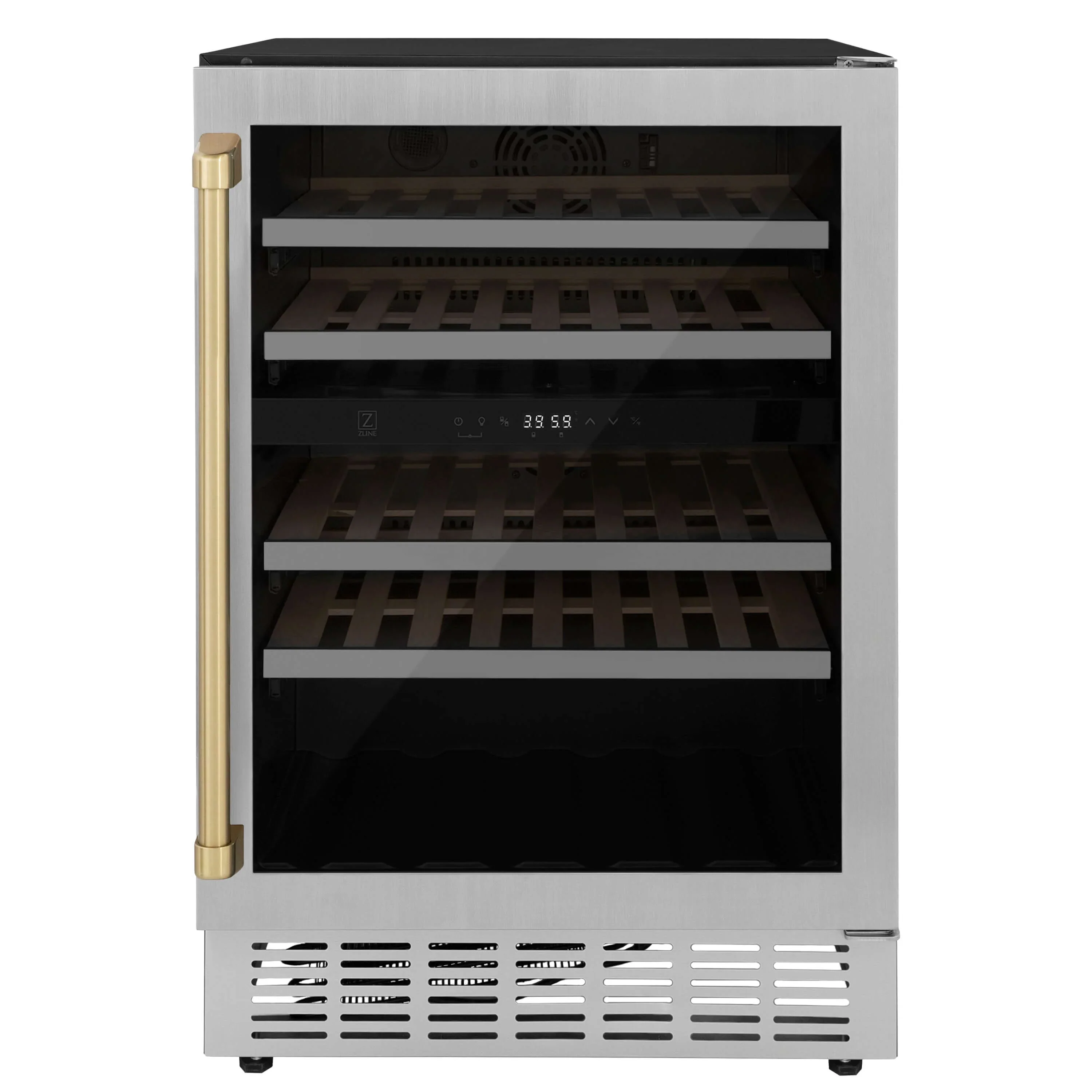 ZLINE 24-Inch Monument Autograph Edition Dual Zone 44-Bottle Wine Cooler in Stainless Steel with Champagne Bronze Accents (RWVZ-UD-24-CB)