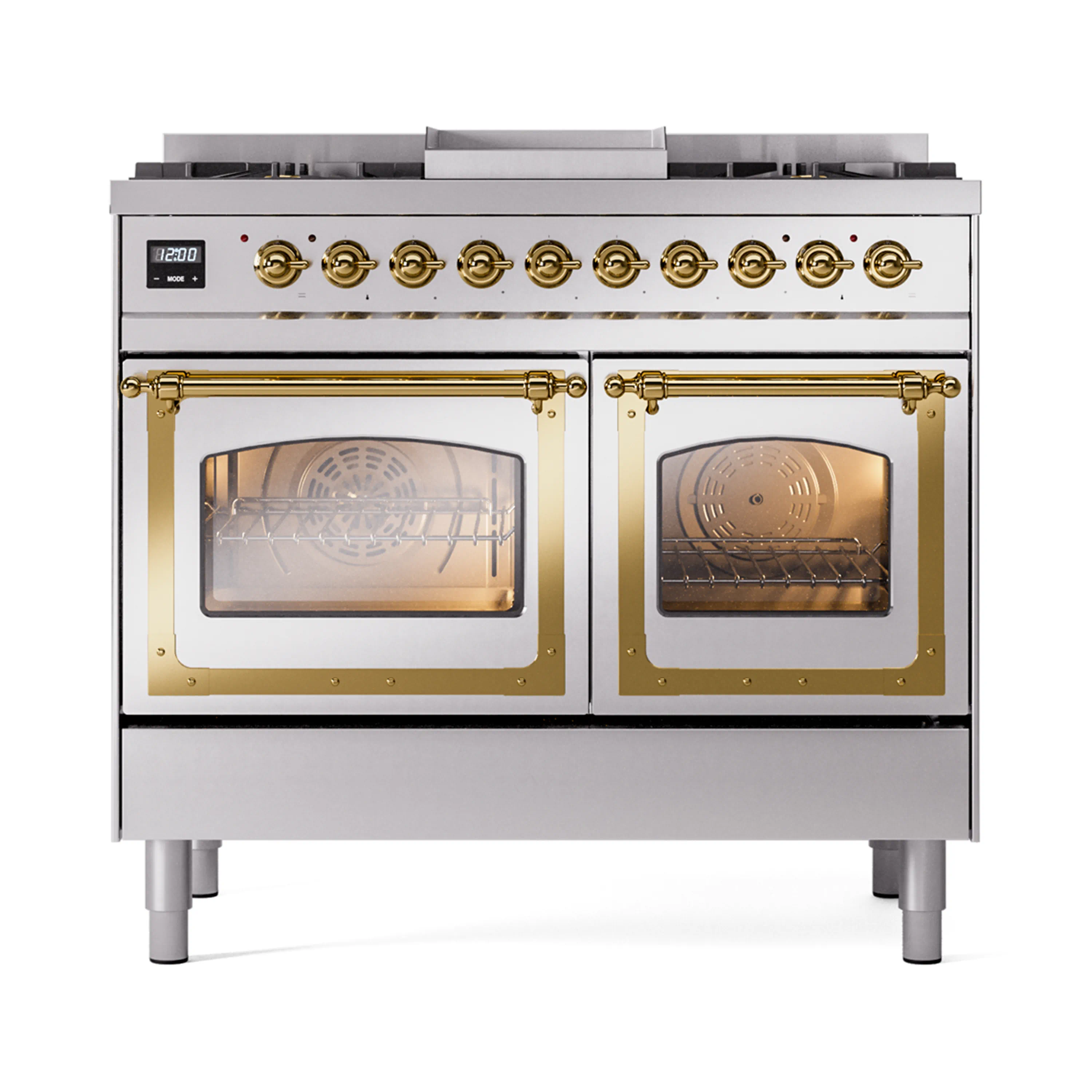 ILVE 40-Inch Nostalgie II Noblesse Dual Fuel Range with Triple Glass Door Oven in Stainless Steel with Brass Trim (UND40FNMPSSG)