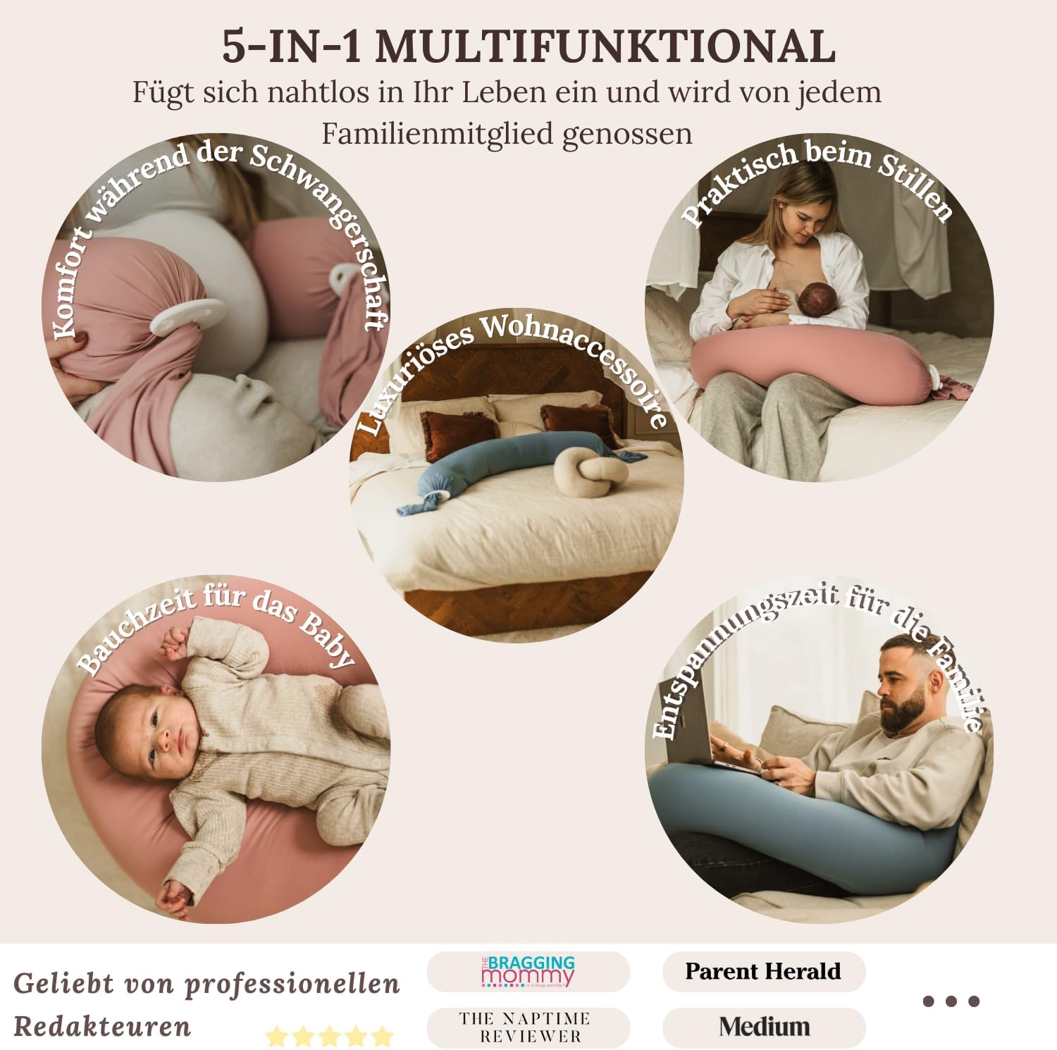 Pregnancy Pillow 5-in-1 【Cooling Cover, Adjustable to Grow with Belly】 Beanbag Style, Lockable O-Shape Nursing Maternity Pillow, 5-Point Full Body Support for Side Sleepers, with Travel Bag - Blue