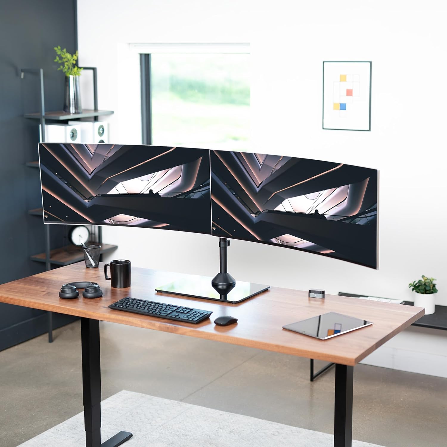 VIVO Freestanding Dual Ultrawide Monitor Stand with Sleek Glass Base and Adjustable Arms, 2 Screens up to 38 inches and 22 lbs Each, Black, STAND-V038FG