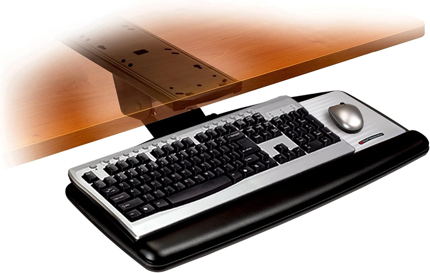 3M Sit/Stand Easy Adjust Keyboard Tray, 25.5 in. x 12 in. Wood Platform, 23 in. Track, Black, Wrist Rest and Mouse Pad